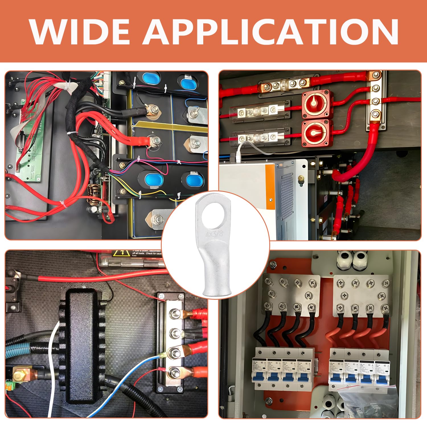 4 AWG Tinned Copper Ring Terminal Kit (62 Pcs) - 30 Battery Lugs (1/4", 5/16", 3/8", 1/2") with 32 Heat Shrink Tubes for 4 Gauge Wire in Automotive, Solar, Marine, RV Applications