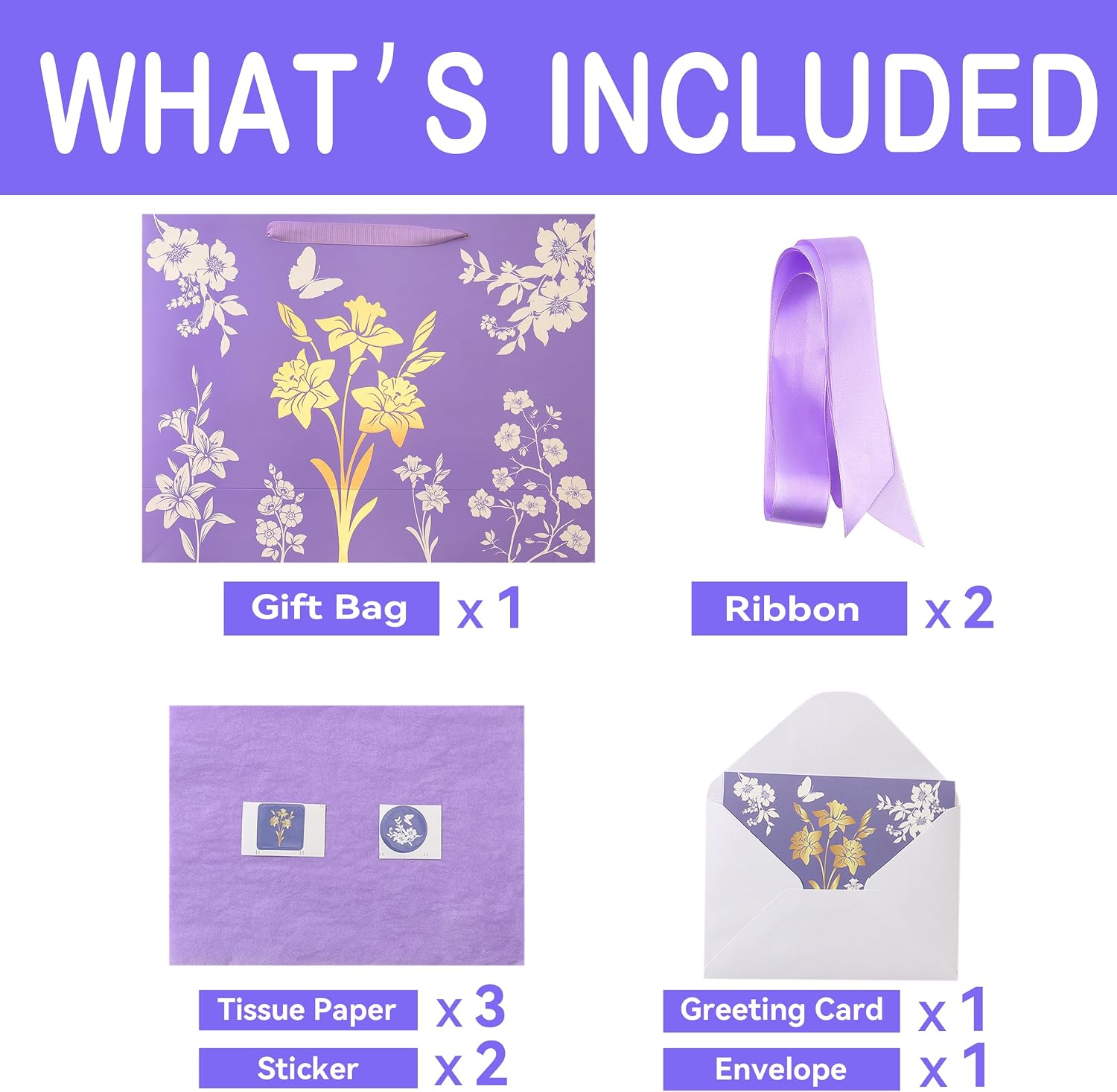 16.5” Extra Large Purple Gift Bag Set with Handles, Greeting Card, Tissue Papers and Stickers for Women Girls, Celebrating Birthdays, Mother's Day, Weddings, Anniversaries, Gold Foil Tree Design, 1 Pcs image 3