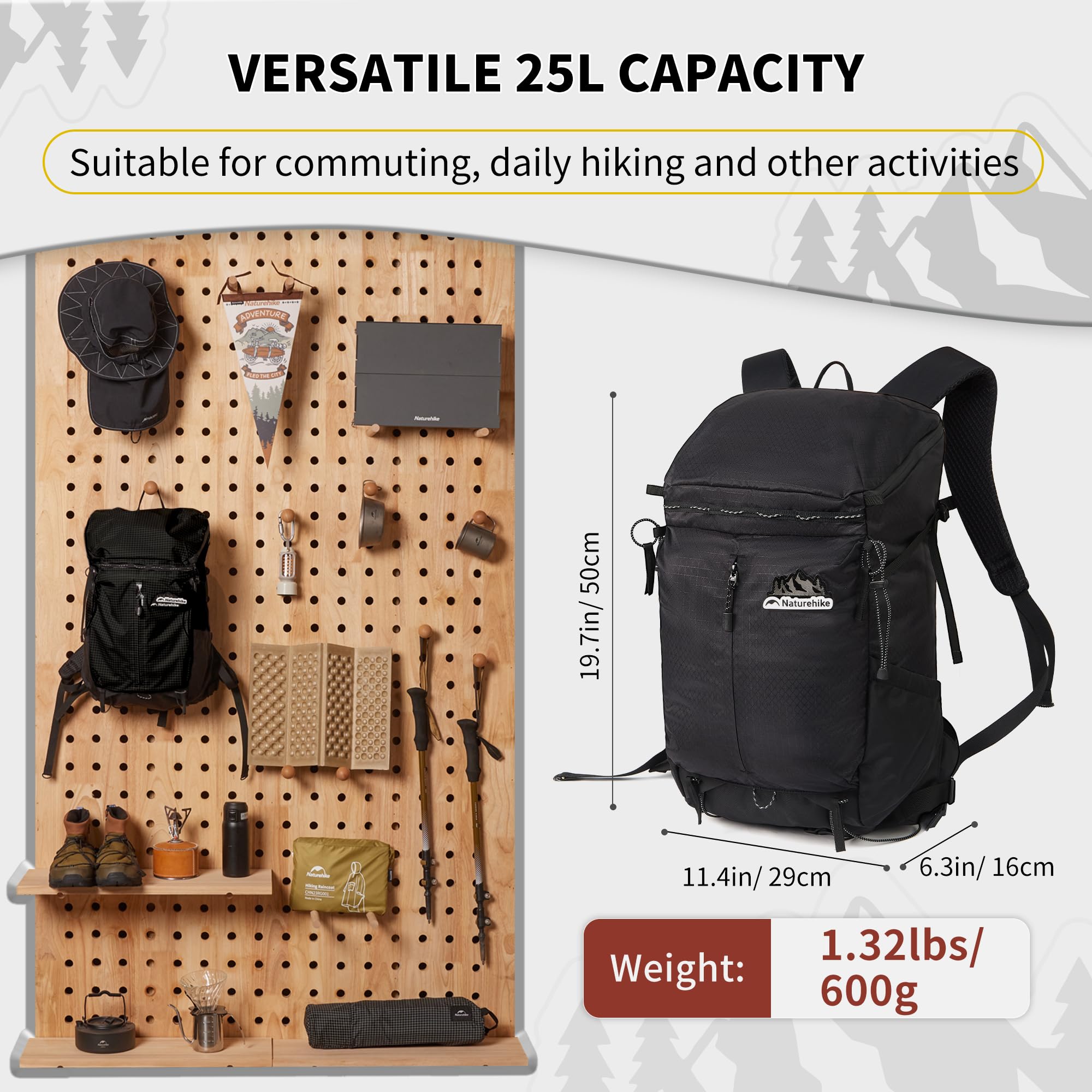 Naturehike Lekki plecak turystyczny 25/35 l, wielofunkcyjny, regulowany pasek na klatkę piersiową, wiele przegródek, trwały plecak podróżny dla mężczyzn i kobiet, Czarny
