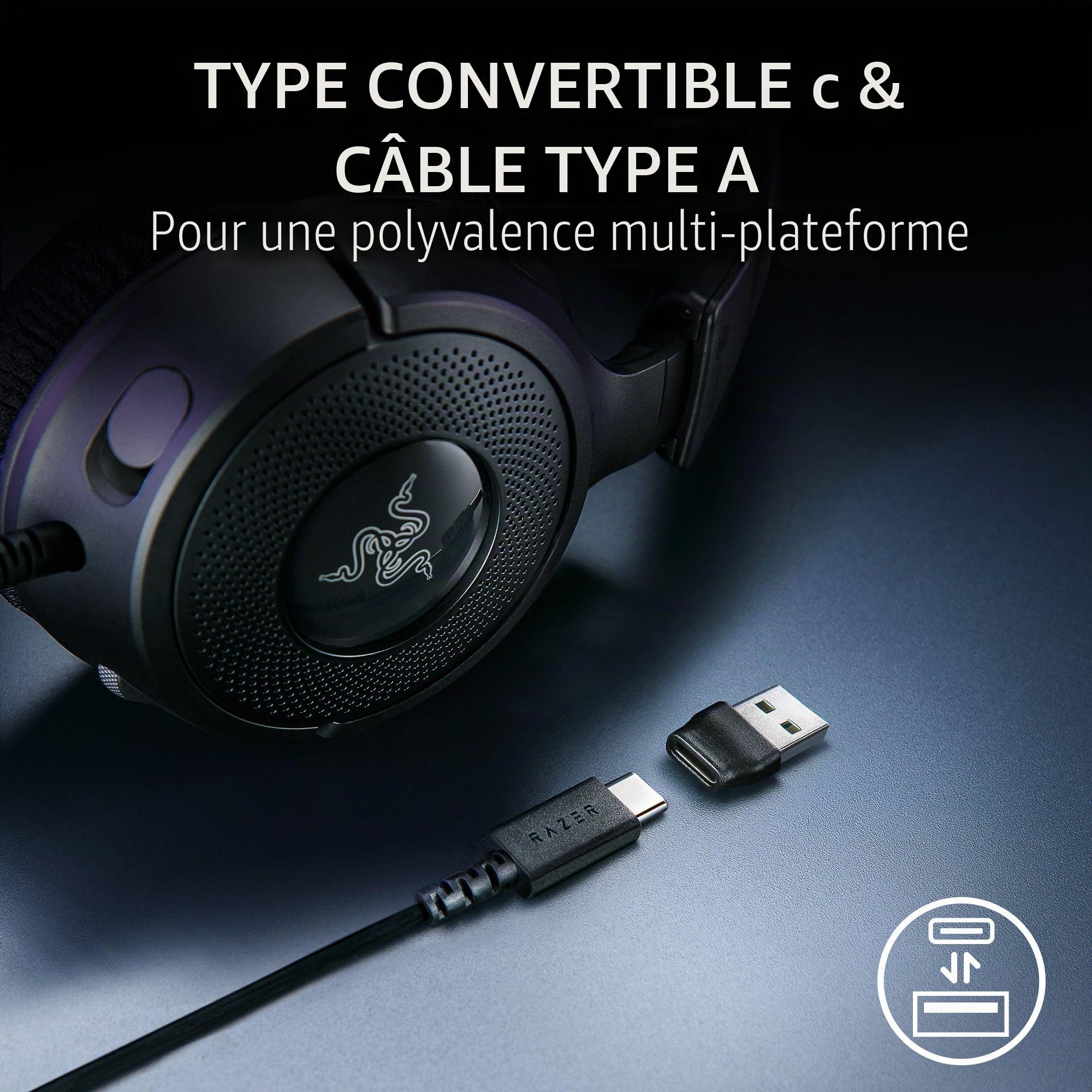 Razer Kraken V4 X Casque Gaming Filaire : Pilotes 40mm - Micro cardioïde - Coussins en mousse à mémoire de forme - Éclairage RVB Chroma - Câble de type C & Type A - Pour PC, Mac, PS5, Nintendo Switch,