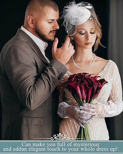 Miniatura 6 de 6 juegos de tocados para mujeres y niñas, sombrero de fiesta de té con guantes de encaje y collares de cuentas, sombrero de cóctel para fiesta de