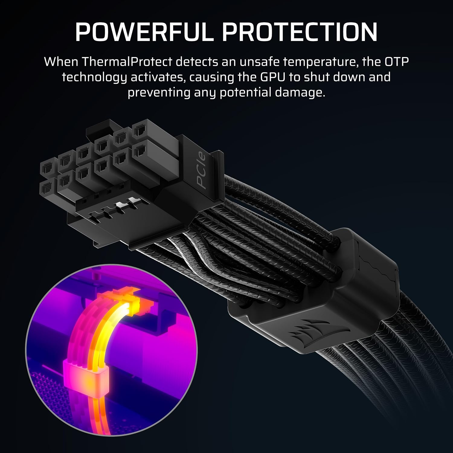 Corsair ThermalProtect PCIe 5.1 600W 12V-2x6 Cable – Built-in Over Temperature Protection (OTP), Compatible with PSU's with a 12V-2x6 Connection – Black