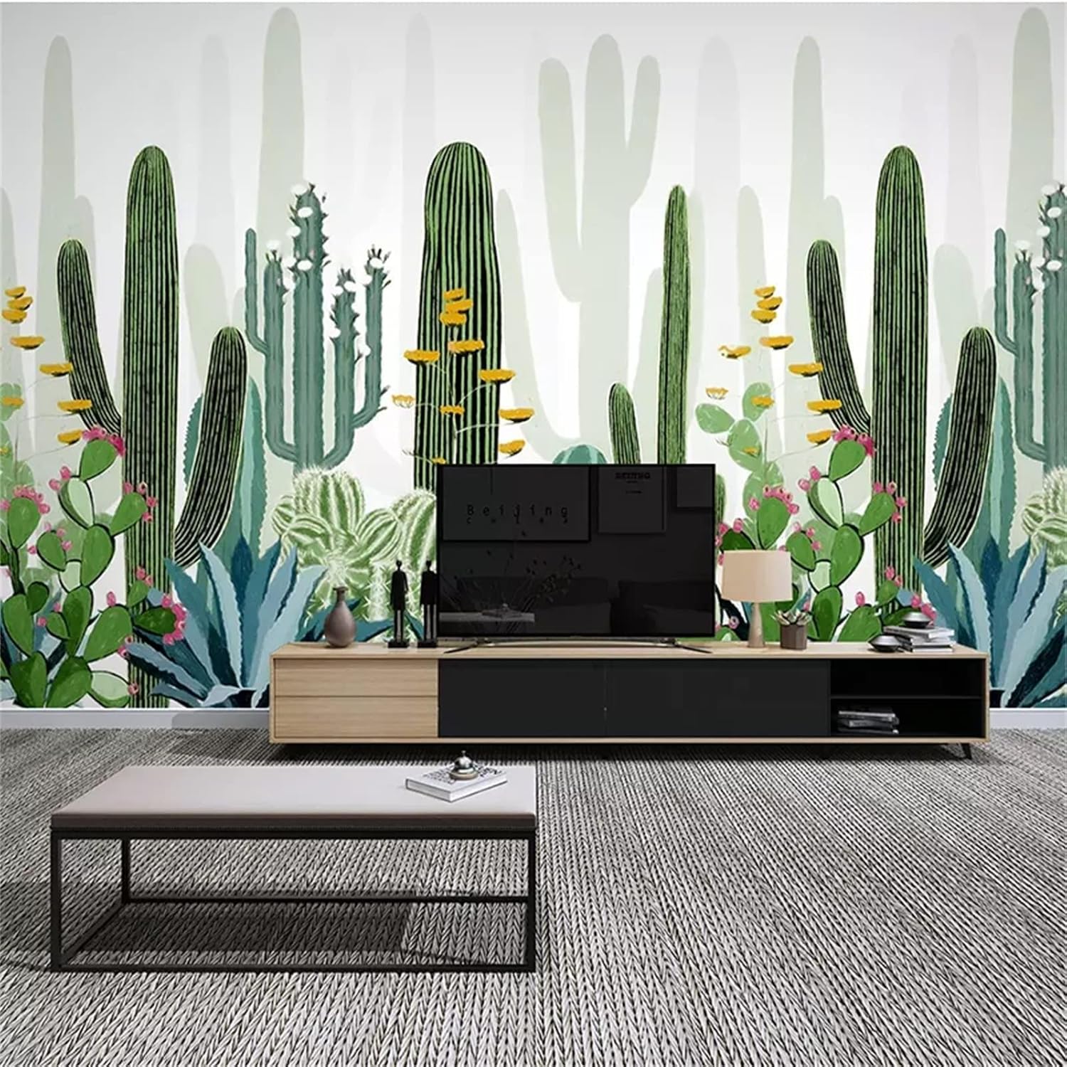 Tropical Green Plant 3D Mural Wallpaper, Prickly Pear Cactus Photo Wall Mural, Photo Wallpaper for Living Room Bedroom Study TV Background Decor Mural - 59"x 39.4"(W x H)