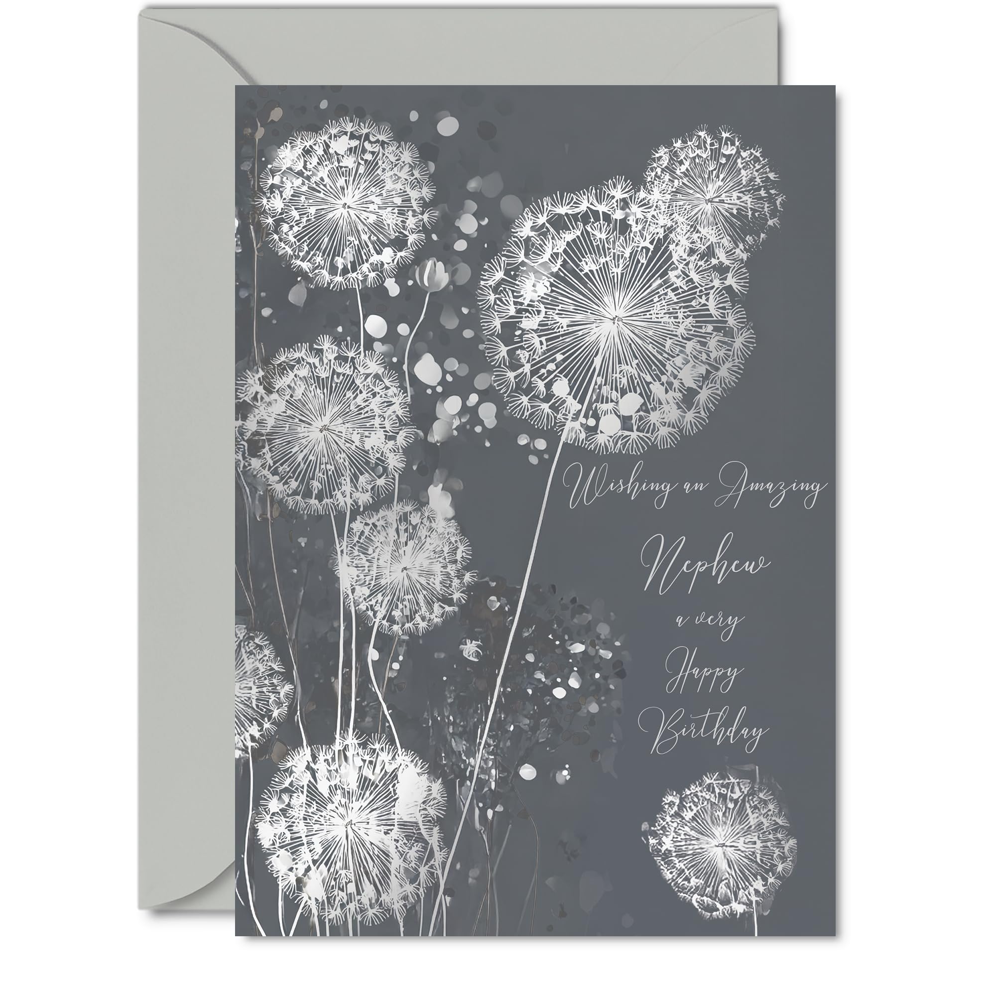 Silver Nephew Birthday Card - Shimmering Dandelions - Happy Birthday Card for Nephew from Auntie Uncle, 5x7 Inch Silver Elegant and Modern Bday Greeting Cards