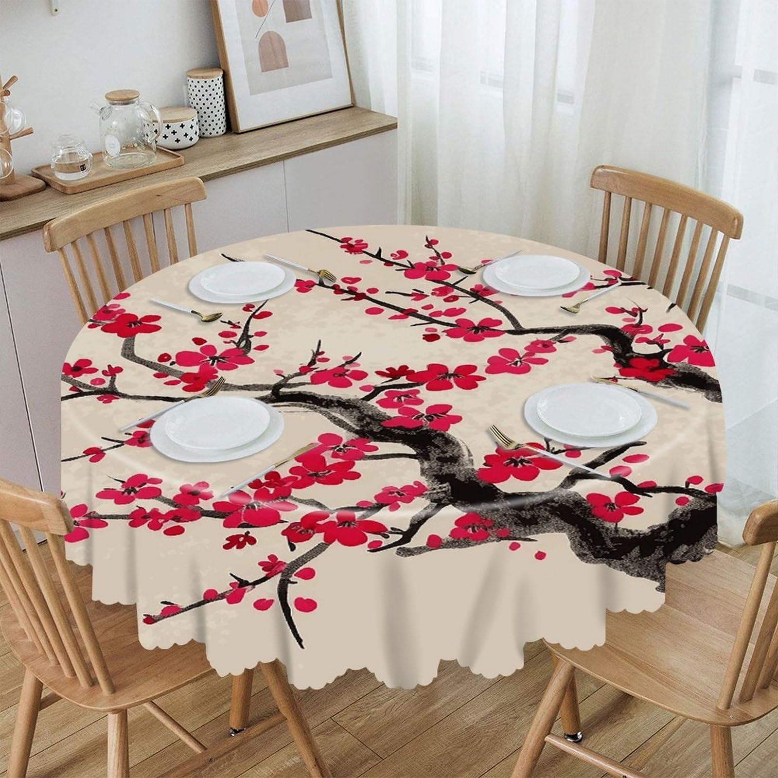 VstaDank Japanese Floral Cherry Blossom Round Tablecloth Wipeable Round Polyester Tablecloth Waterproof Wrinkle Free Indoor and Outdoor Table Cover 60 Inch Decorative Farmhouse Table Cloth for Dining