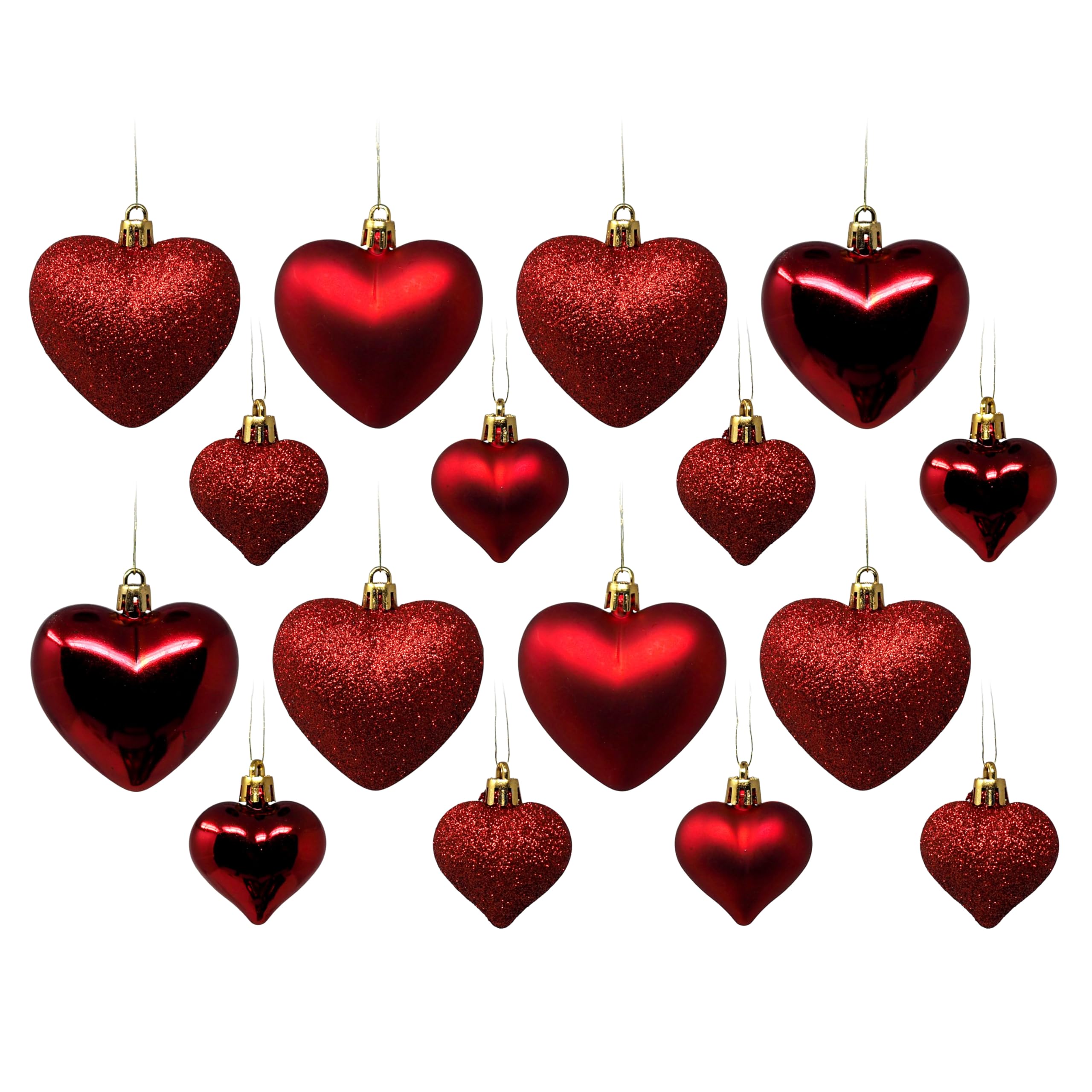 Red Love Heart Christmas Bauble Decorations - Glitter Shiny Matt - Set of 16