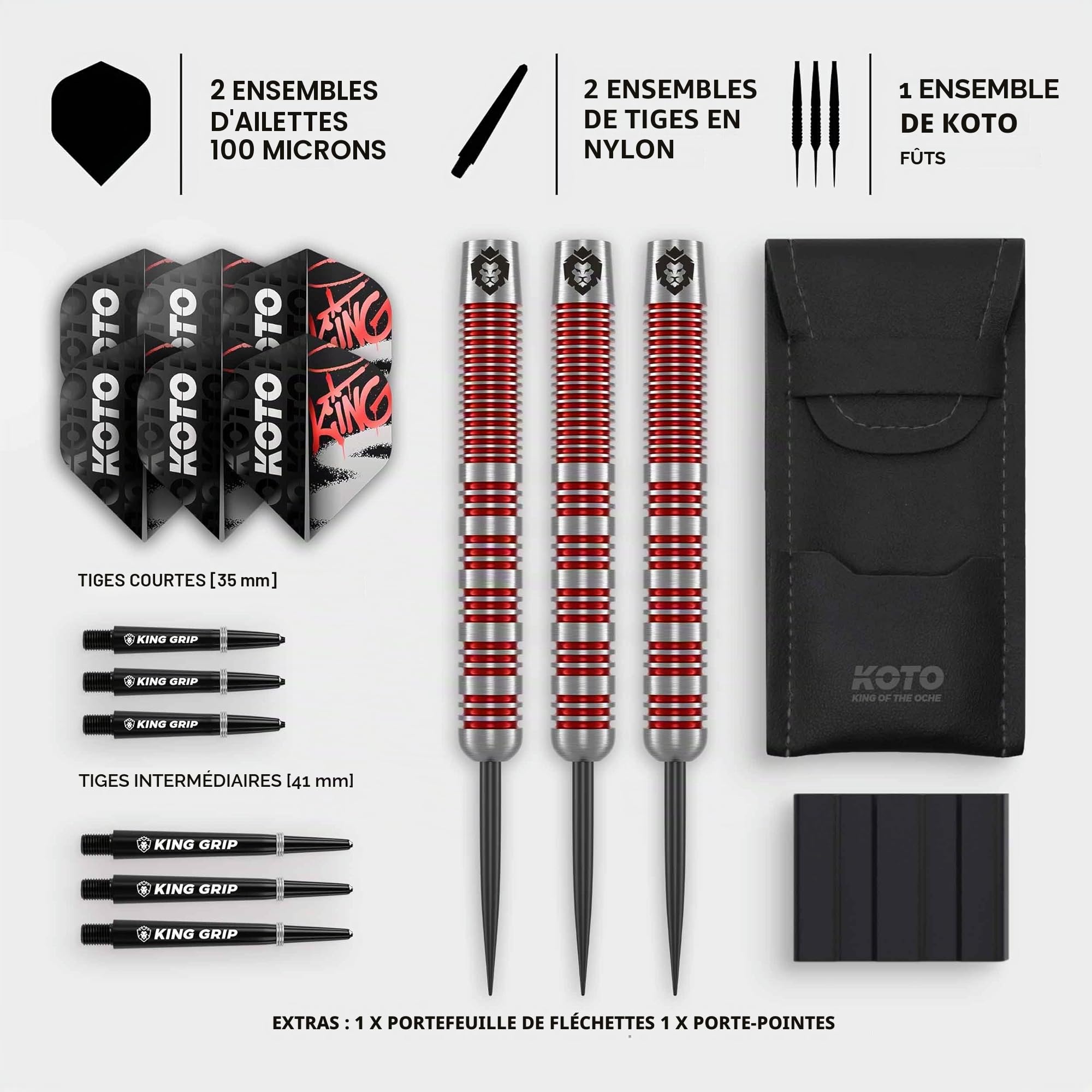 KOTO Lot de 3 fléchettes Tribute avec barils, ailettes, tiges et porte-fléchettes, grip fixe Argenté rouge