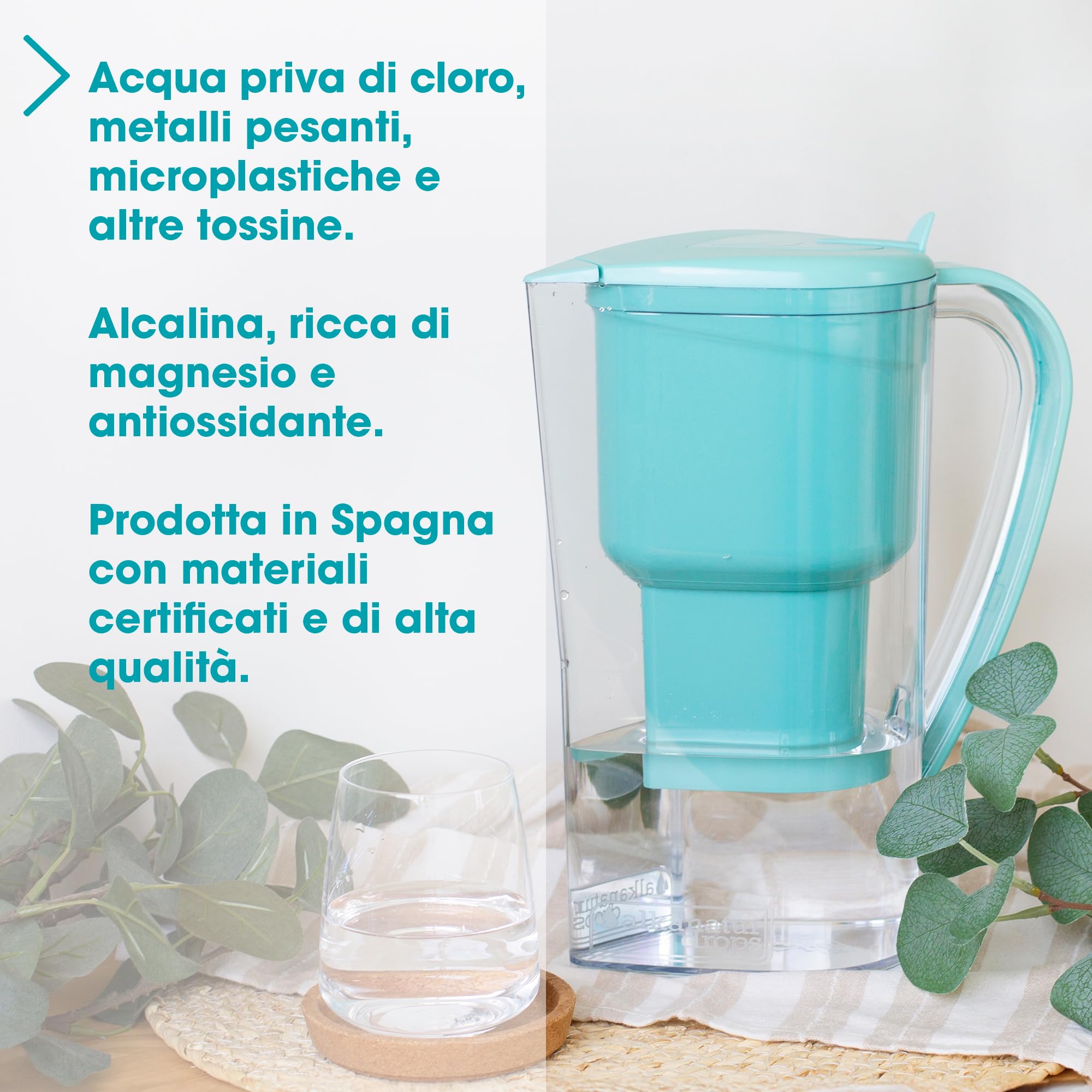 ALKANATUR Caraffa filtrante acqua Alkanatur Drops | Idrogena + ionizza + apporta magnesio | Elimina cloro + metalli + batteri | Normativa UNE 149101:2015 | Capacità 1.4L senza sostanze tossiche