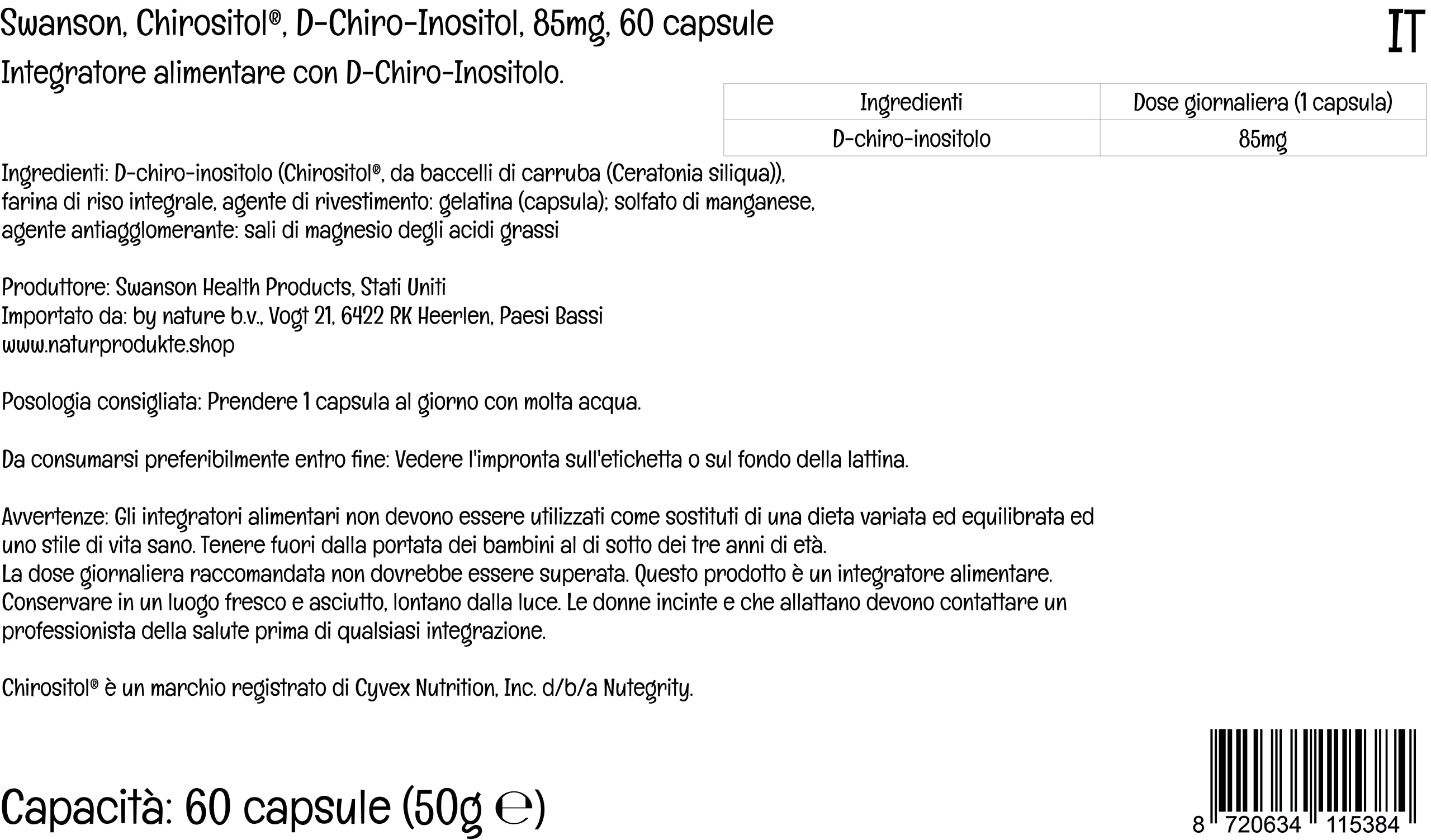 Swanson D-Chiro-Inositol, 85mg, 60 capsule, Testato in Laboratorio, Senza Soia, Senza Glutine, Non OGM