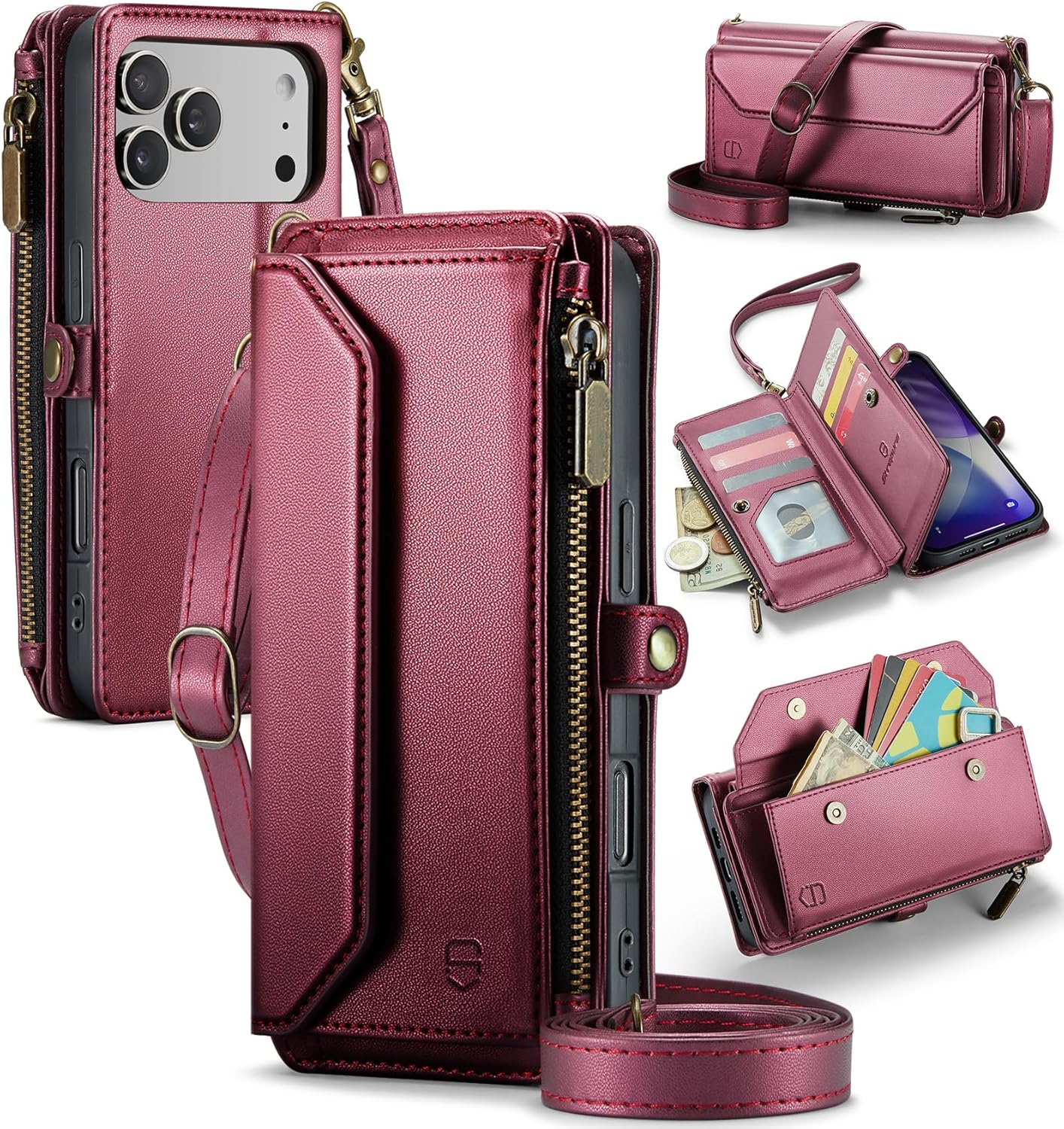 Wallet Case Compatible with iPhone 17 Pro 6.3" RFID Blocking 9-Card Holder Soft PU Leather Magnetic Snap Shoulder Strap Zipper Pocket Phone Case Fit for iPhone 17 Pro for Women - WineRed