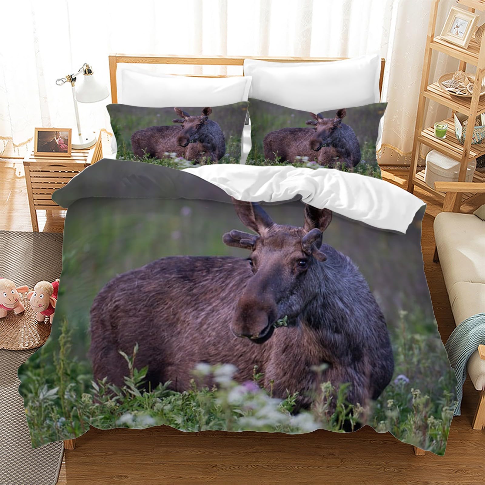 Housse Couette 3 Pièces Microfibre 140x200 Motif Cerf Brun Foncé