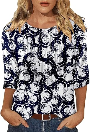 KISSMODA Tunic Tops for Women Loose Fit Dressy Round Neck Pleated 3/4 Length Sleeve Spring Tops