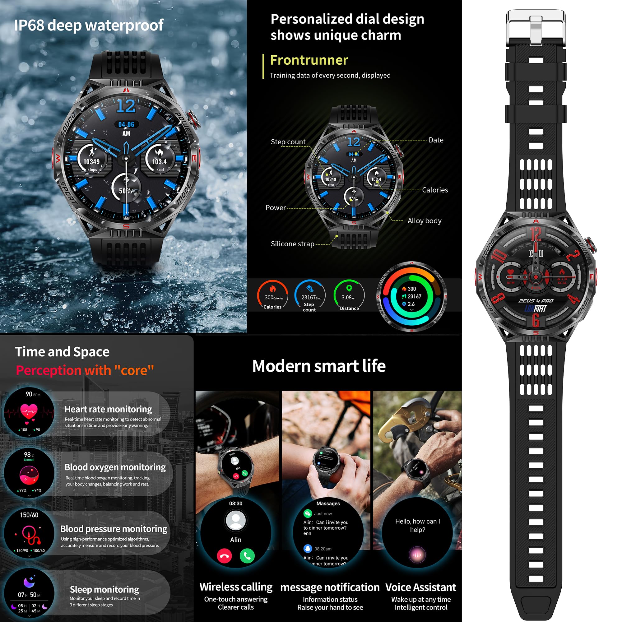 Montre connectée pour homme avec fonction téléphone, lampe de poche, 1,85" AMOLED 5 ATM, ronde, tracker d'activité avec 123 modes sportifs, pression artérielle, moniteur de sommeil, podomètre, pour
