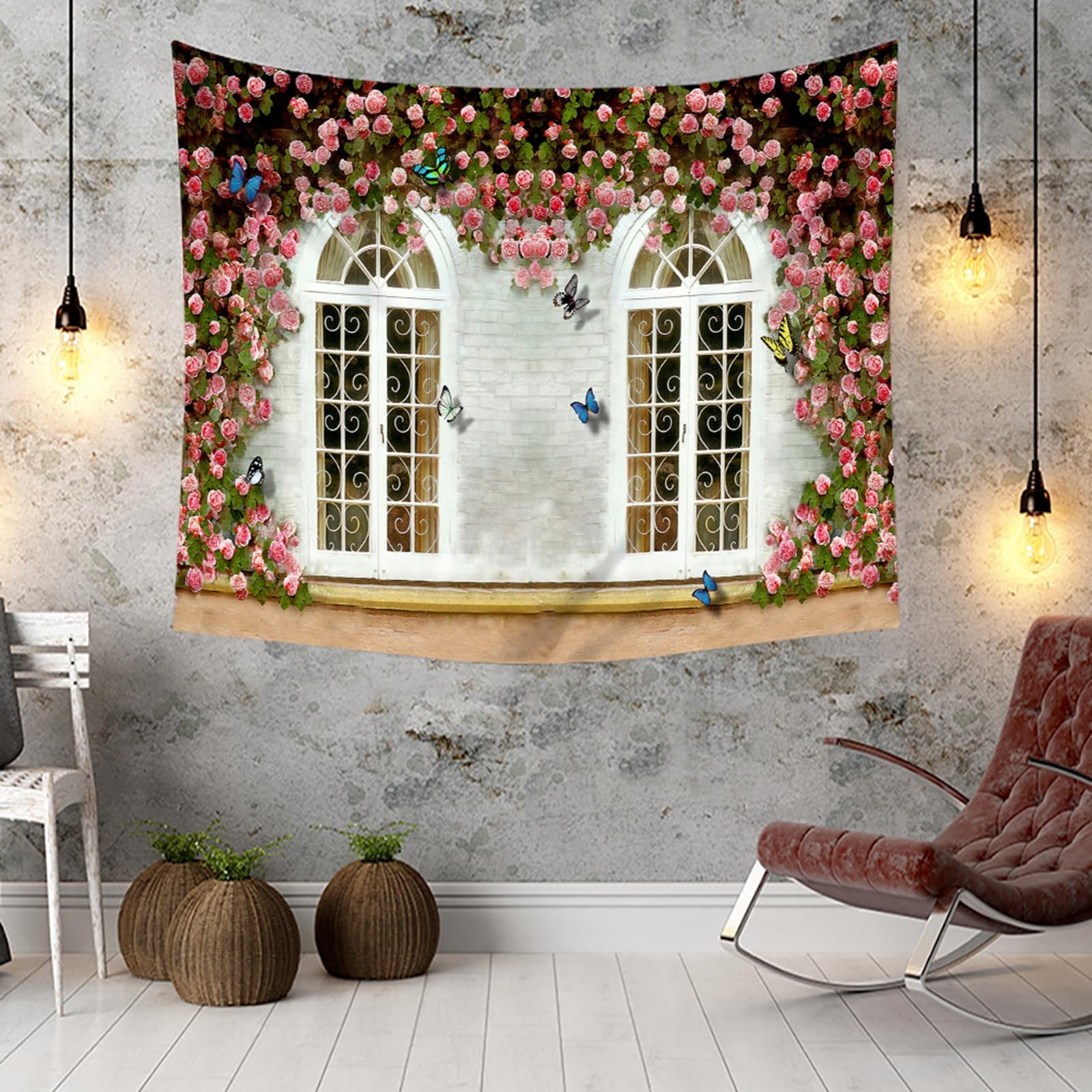 RDSGYZ Dywan ścienny do salonu, duży, 300 x 256 cm, zasłona ścienna do użytku na zewnątrz z motywem Aesthetic 3D, kwiaty i motyle, dekoracja ścienna, do pokoju dziecięcego, sypialni