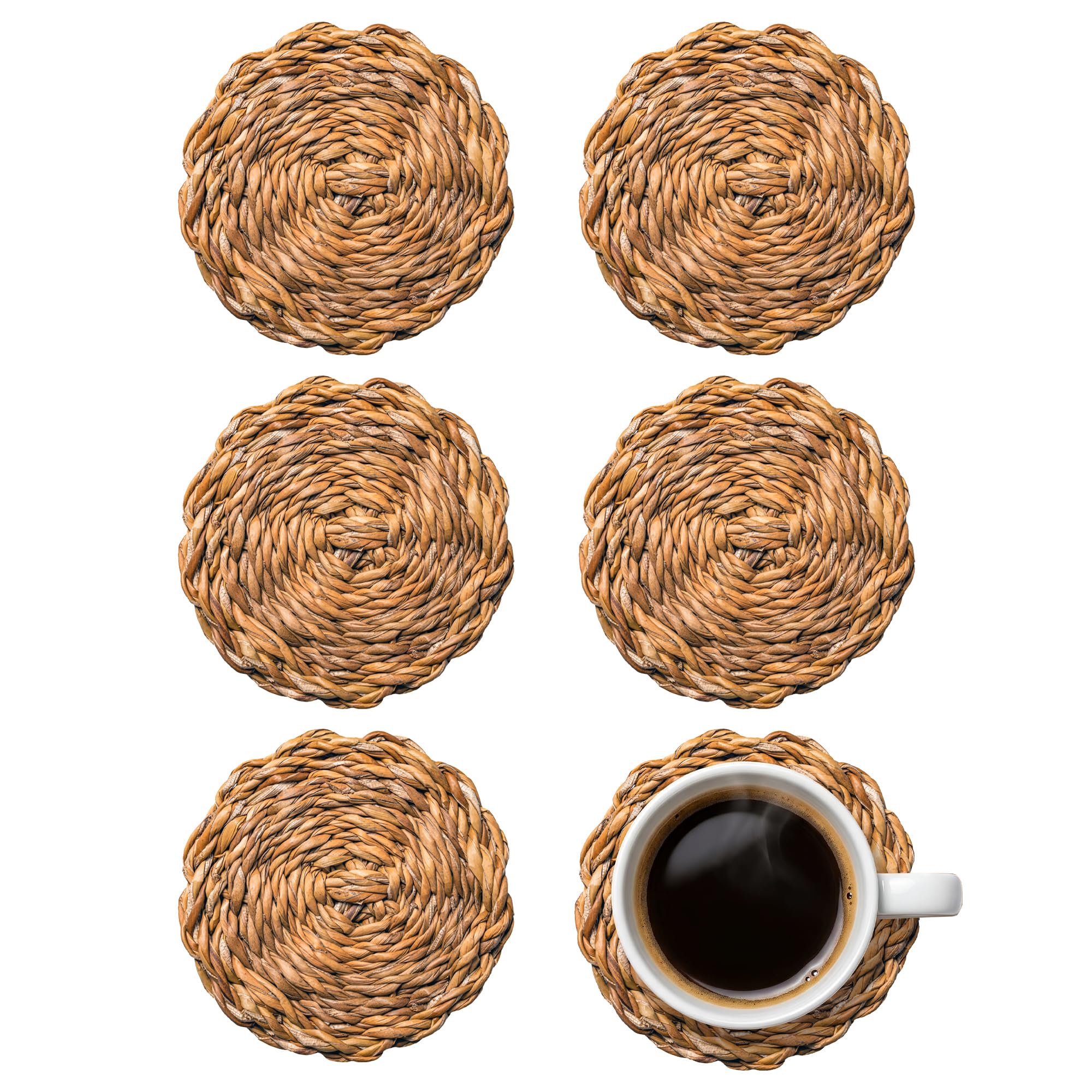 Argon Tableware Round Coasters - 10cm - Pack of 6 - Woven Seagrass Bar Drink Mat Table Protector Coasters for Kitchen, Home, Bar, Restaurant, Weddings, Events
