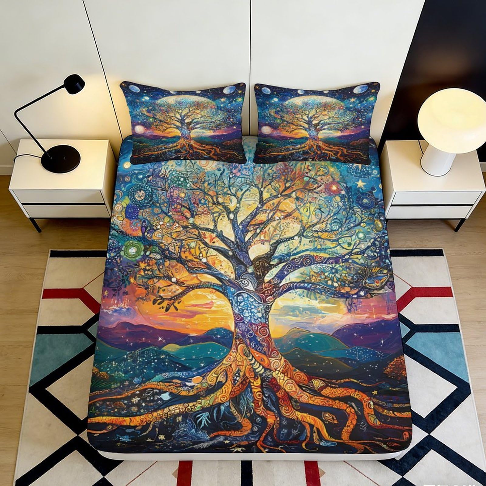 Pnayamiorkfel Style-2 3D Printed Fantasy Tree Of Life Fitted Sheet Microfiber Boho Sunset Mattress Cover Bedroom Guest Room Decor 90X200x25cm