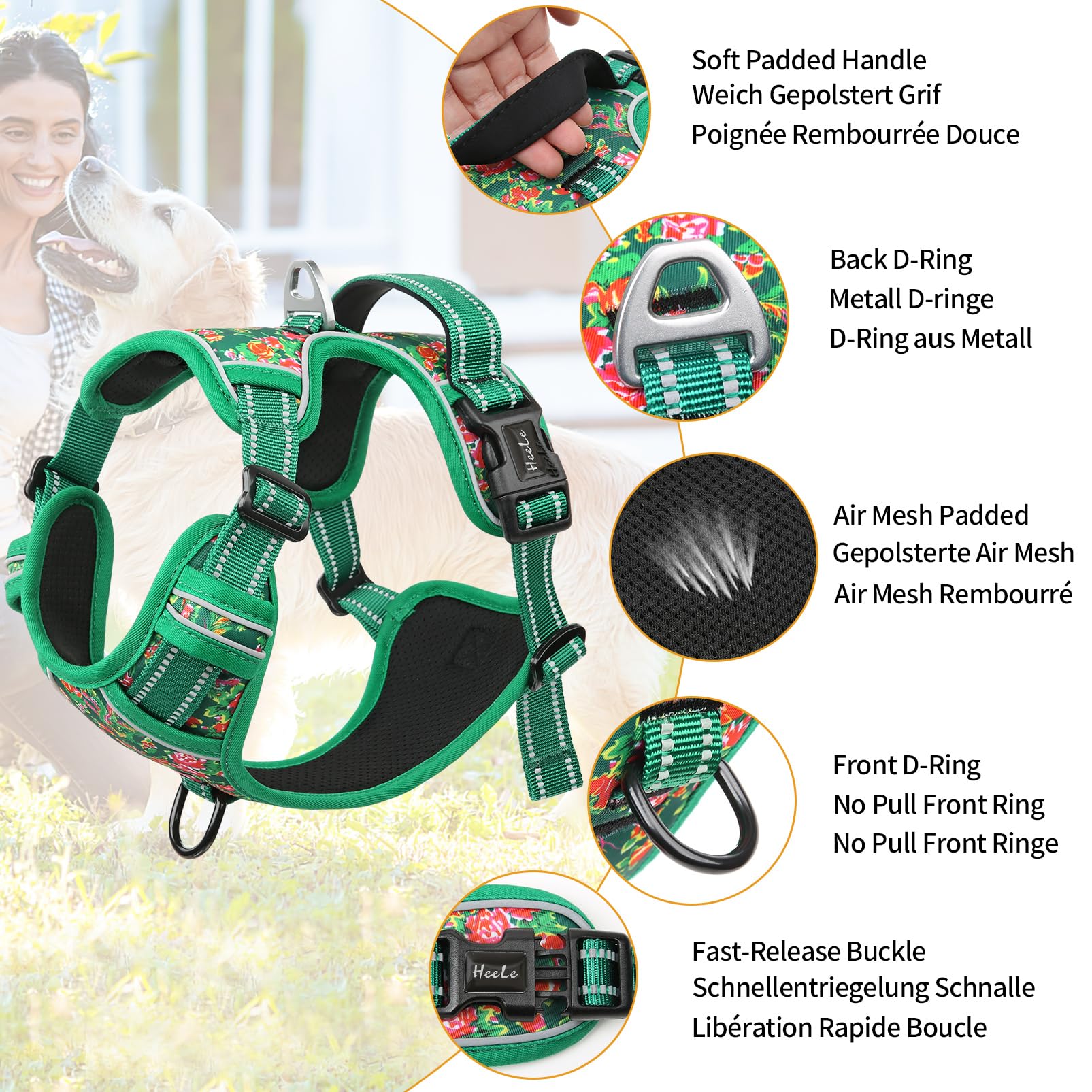 HEELE Pettorina Cane Taglia Piccola con Motivo Stampato, Riflettente Pettorina Addestramento Cani Anti Tiro con 2 Ganci in Metallo + Maniglia, Gilet per Cani Regolabile, Fiore-Verde, XS