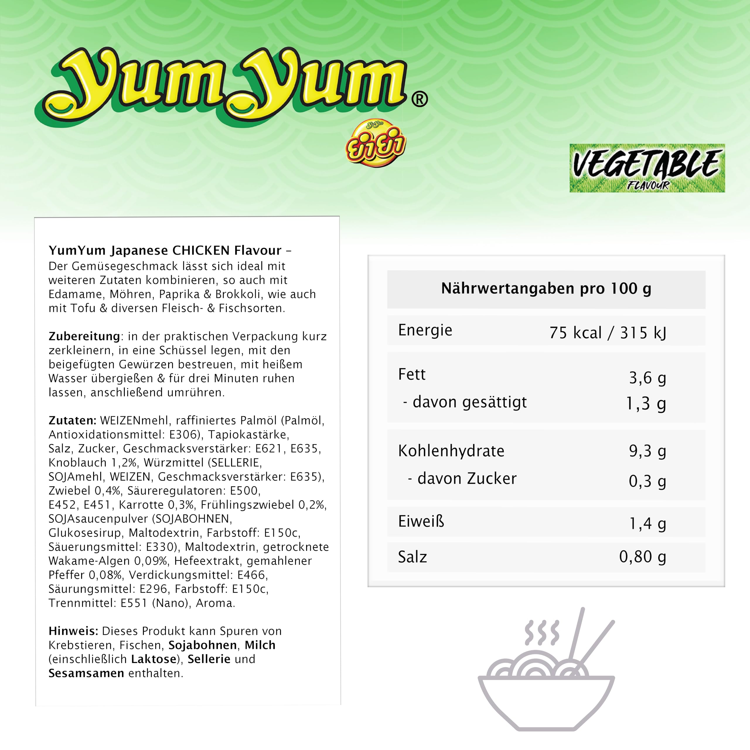 YumYum Vegetable Flavour Cup 12x 70g Asiatische Instant Nudeln im Becher | Asiatische Nudeln, 12er Pack, Becher-Format, Instant-Zubereitung