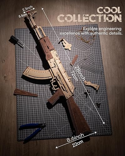 Miniatura 7 de ROKR Rompecabezas 3D para adultos, rompecabezas 3D de madera, modelo AK47, bandas de goma, juguetes de armas, kits de construcción, manualidades de