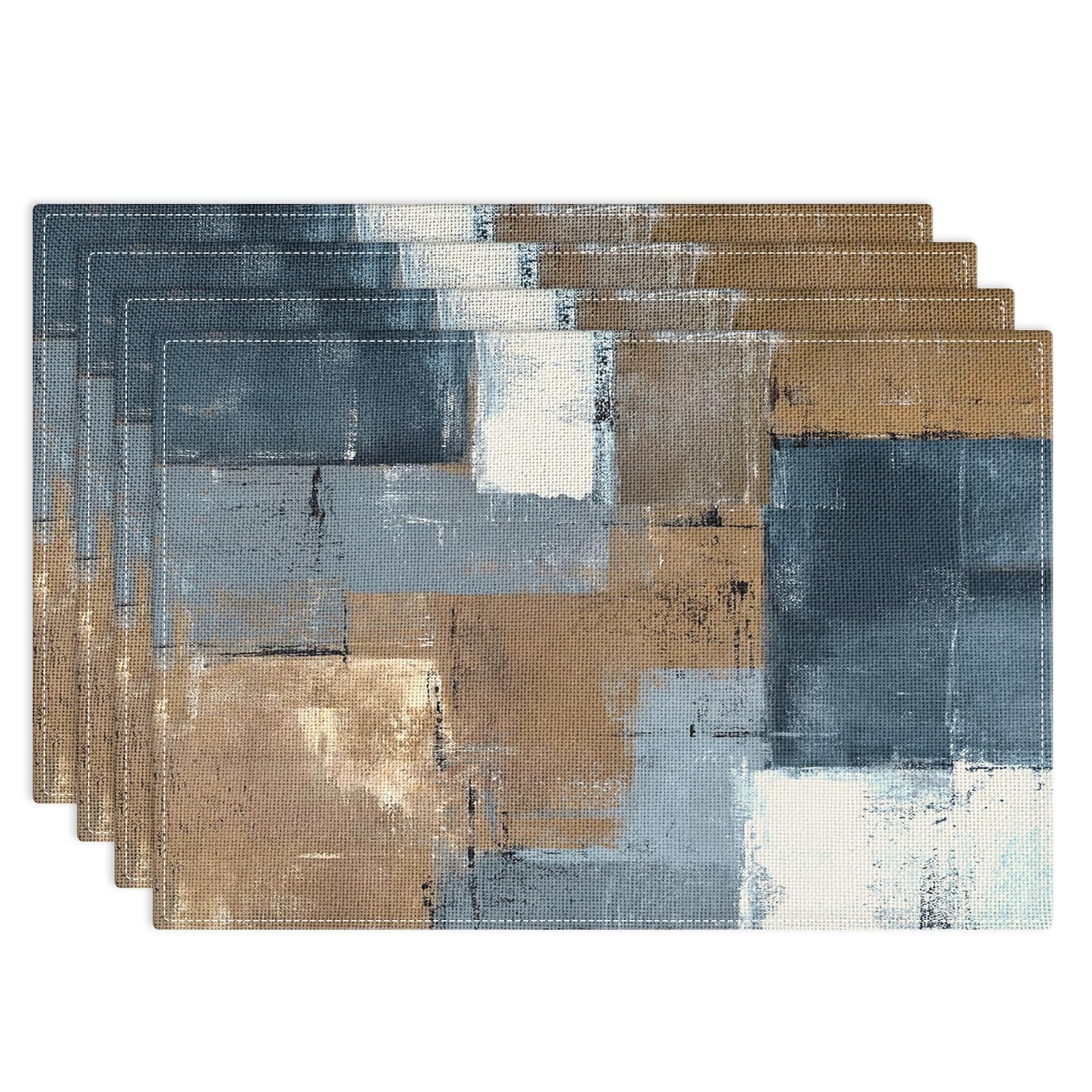 Emvency Farmhouse Placemats Set of 4, Vintage Brown and Blue Abstract Art Painting 12x18 Inch Table Mats for Outdoor Home Party Kitchen Dining