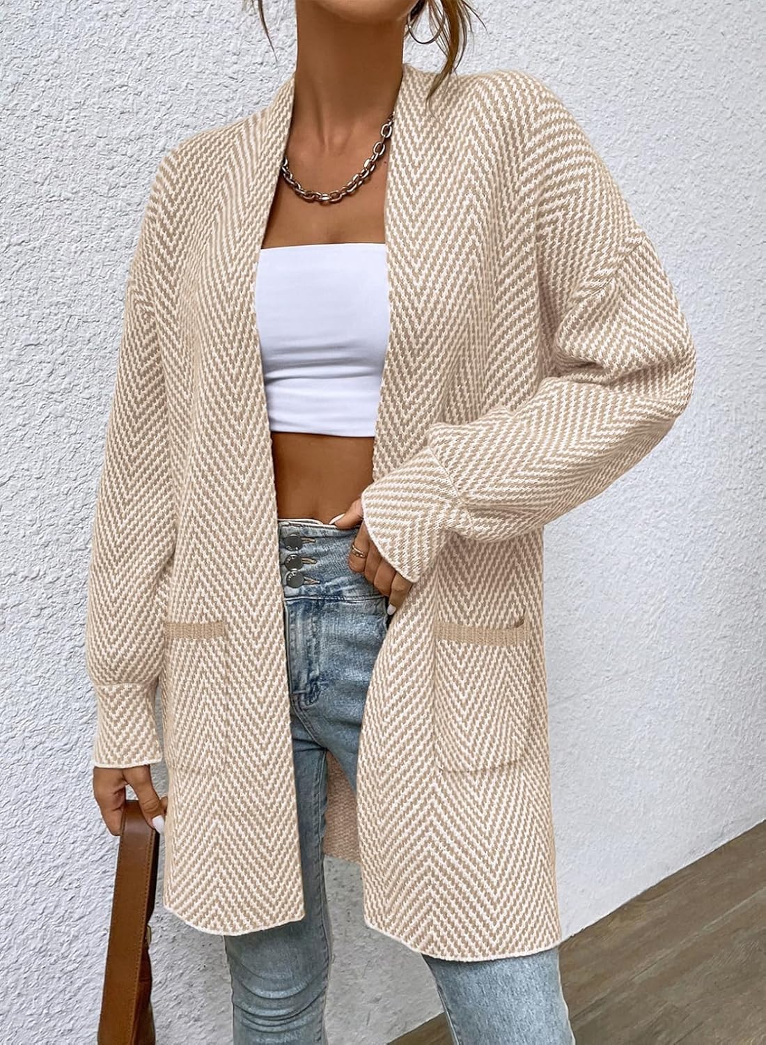 Sidefeel Womens 2025 Fall Outfits Long Sleeve Open Front Striped Cardigan Sweaters Chevron Chunky Knit Sweaters Coat - Image 2