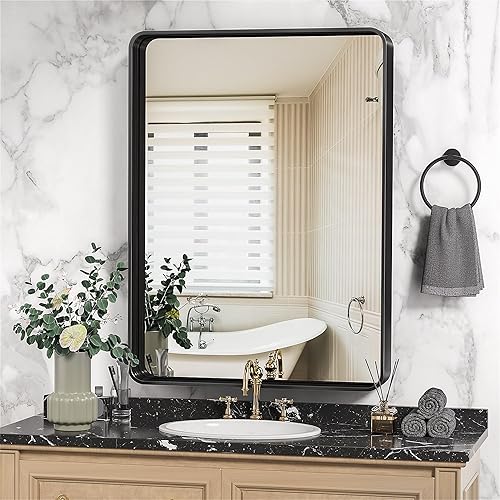 Suidia Wall Mirror for Bathroom, 22x30 Inch Bathroom Mirror with Luxury Brushed Metal Framed, Rounded Bathroom Mirror Wall Decor, Rectangular Bathroom Vanity Mirror, Horizontal/Vertical(Black)