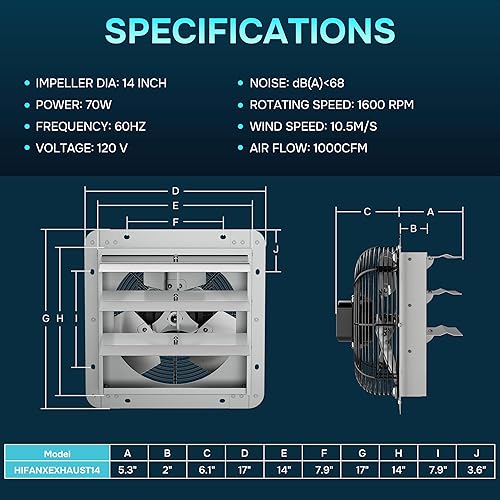 Miniatura 3 de iPower Ventilador de escape de persiana montada en la pared de 14 pulgadas con controlador de temperatura y kit de cable de alimentación, aluminio,