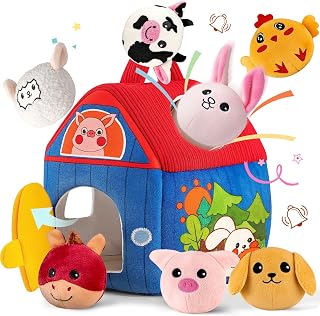 SAIMAND Montessori Baby Farm Barn with 7 Stuffed Animals - Sensory Toys for 6-12 Months, Portable Toddler Playset, Ideal Gift