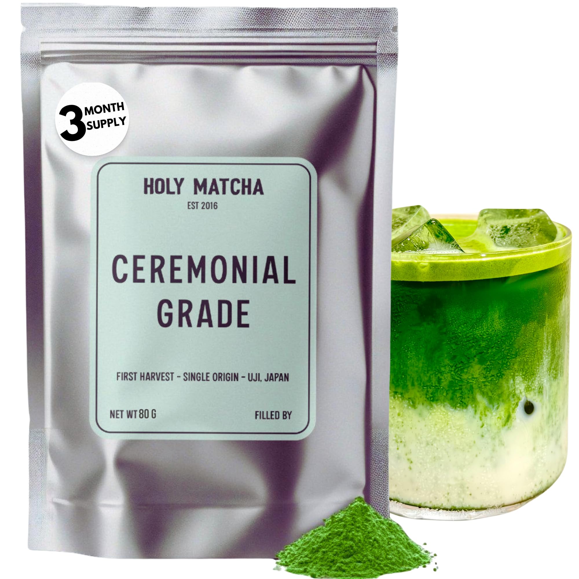 Holy Matcha Ceremonial Green Tea Powder from Kyoto Japan Antioxidant Superfood with L-Theanine for Natural Energy Focus 80