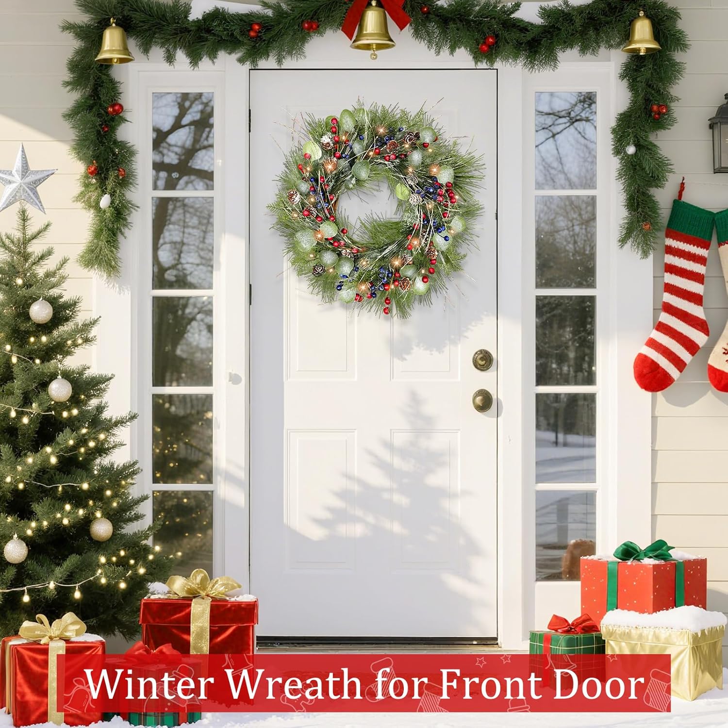 Timer - 20 Inch Lighted Christmas Wreaths for Front Door, Winter Wreath with 30 LED Lights Snowy Pine Needles Eucalyptus Cypress Leaves Pinecones Red Blue Berries Xmas Wreath for Window Wall Mantle - Image 5