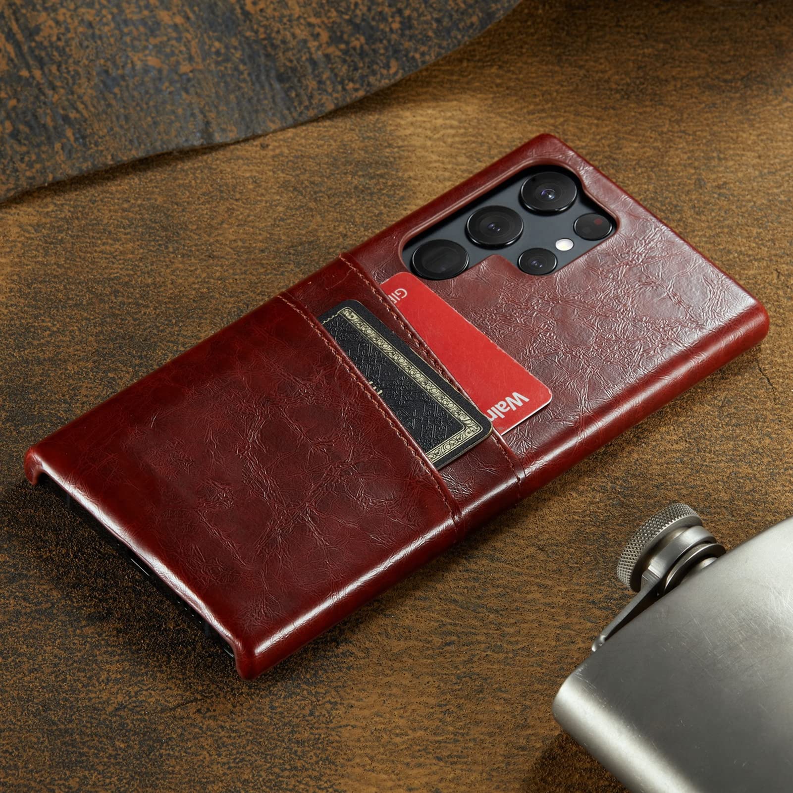 Cienkie etui do Samsung Galaxy S23 Ultra/S23 Plus/S23, podwójne gniazdo na karty, skórzane etui na telefon komórkowy, z podszewką z włókien, ochrona przed odciskami palców, brązowe, S23 Plus