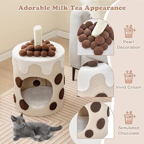 Miniatura 8 de Tangkula Torre de árbol para gatos de té de burbujas, muebles de condominio para gatos de 26.5 pulgadas con poste rascador, juguete de bola