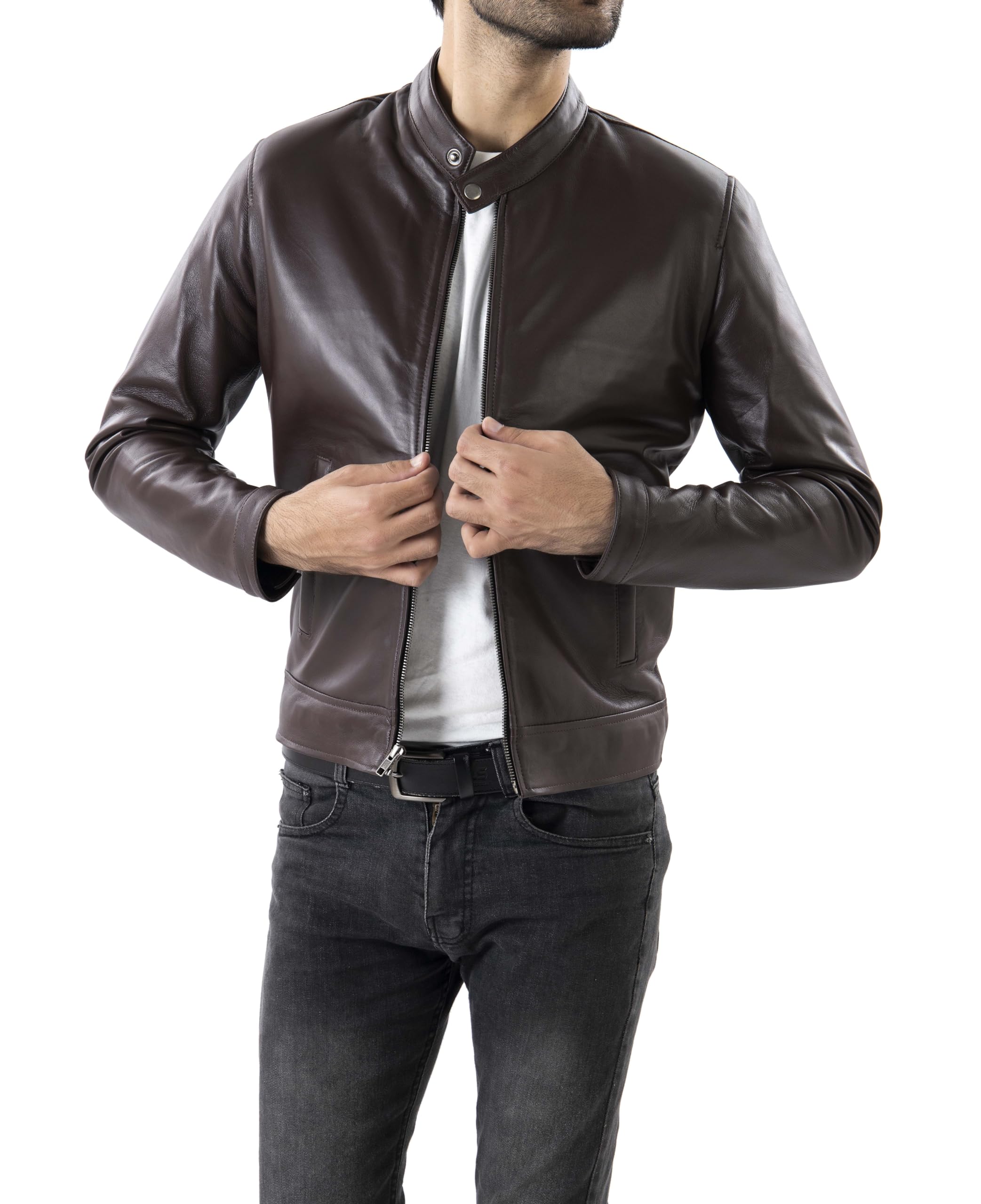 Jild Classical Single Piece Lambskin Leather Jacket Men - Everyday Wear Snap Tab Collar Mens Motorcycle Leather Jacket
