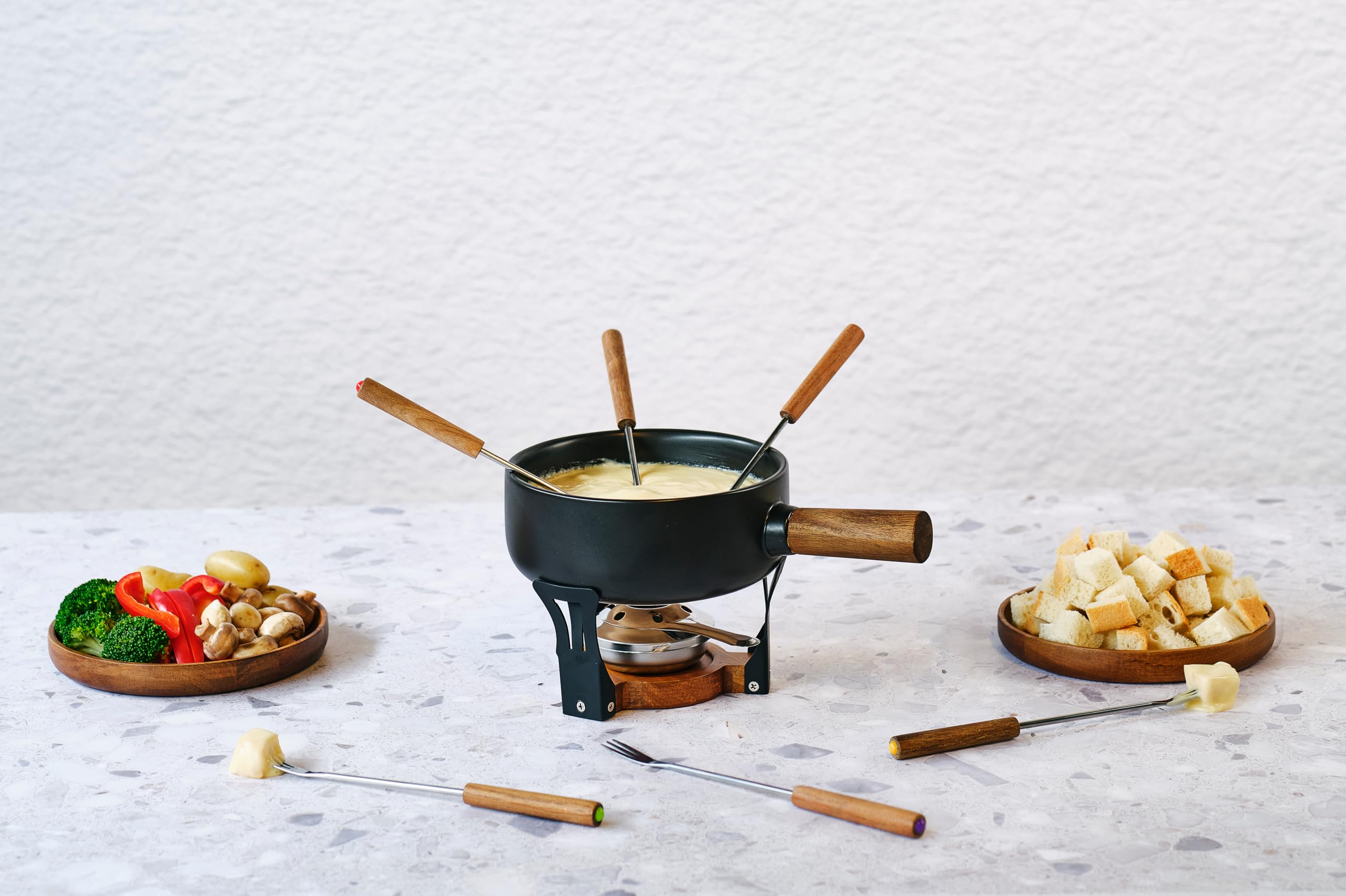 Cosy & Trendy Service à Fondue en Grès + 6 Fourchettes, noir, D20,5 cm