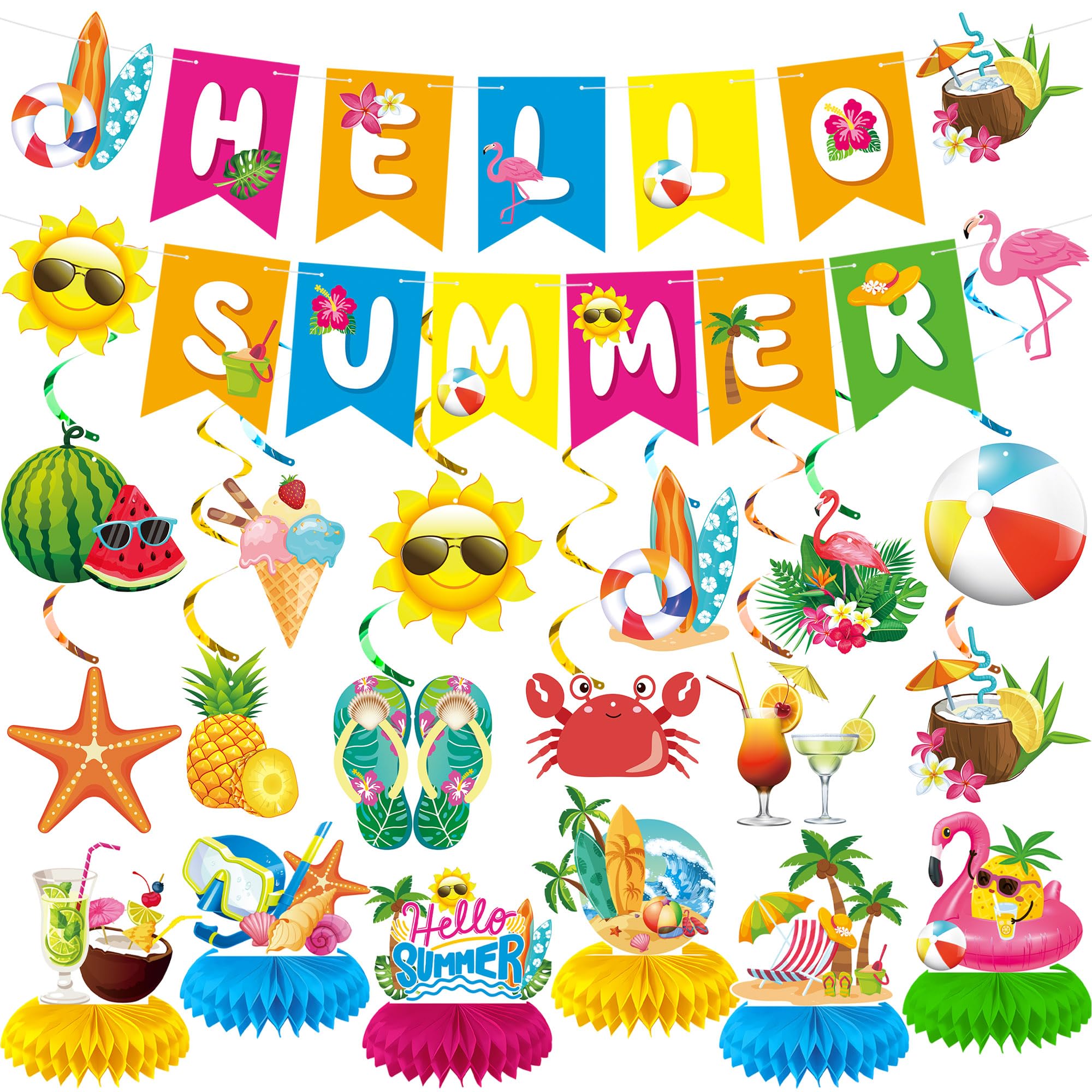 Sommer-Party-Dekoration Set | 60 Teile: Banner, Hängende Wirbel & Spiralen | Tropische Motive Für Pool, Strand, Geburtstag | Inkl. Aufhängeschnur