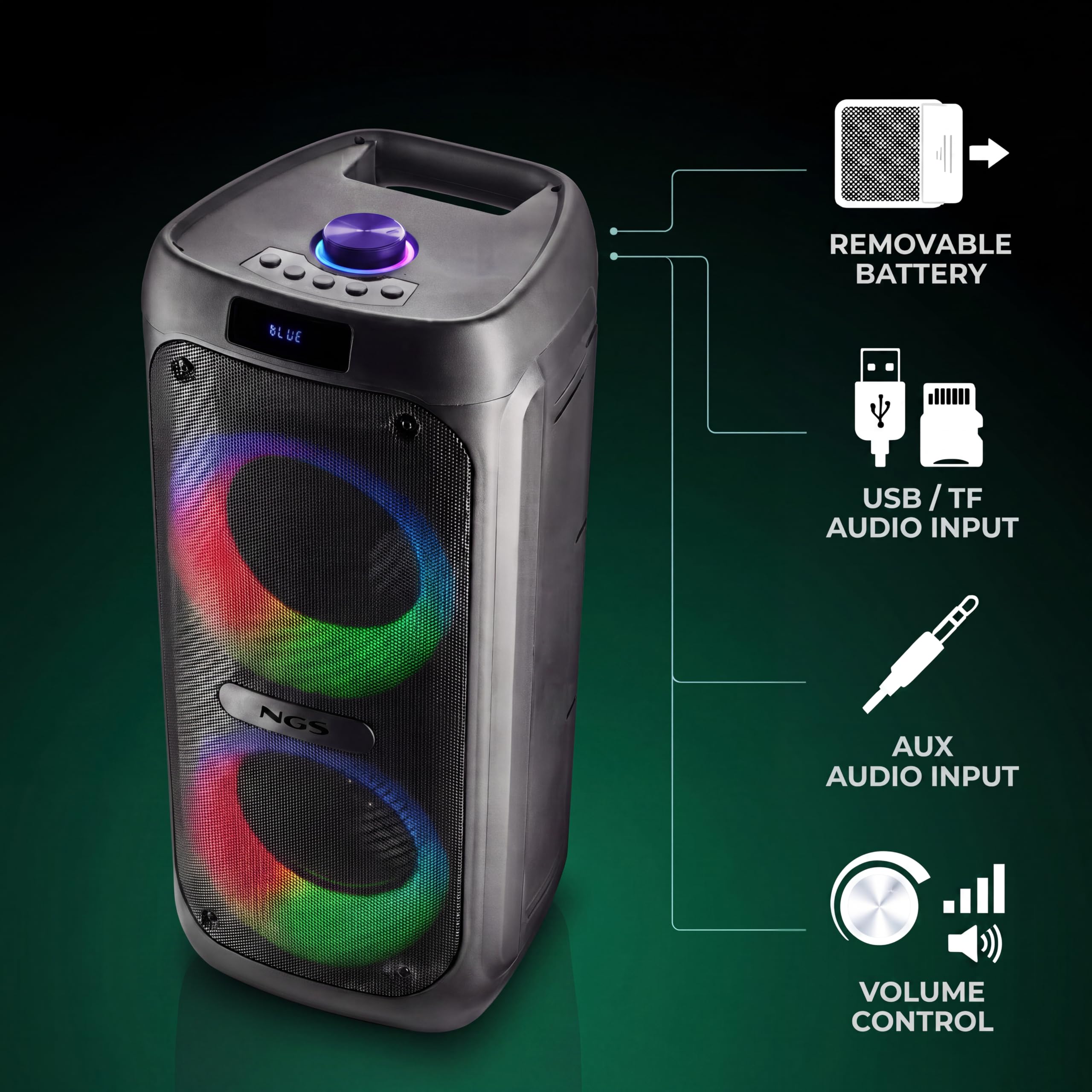 NGS Wild Banger 2 – Altavoz Compatible con Tecnología Bluetooth | 160W potencia pico, True Wireless, luces RGB, función karaoke con entrada micro, batería 4h, lector USB/TF 128GB y Radio FM.