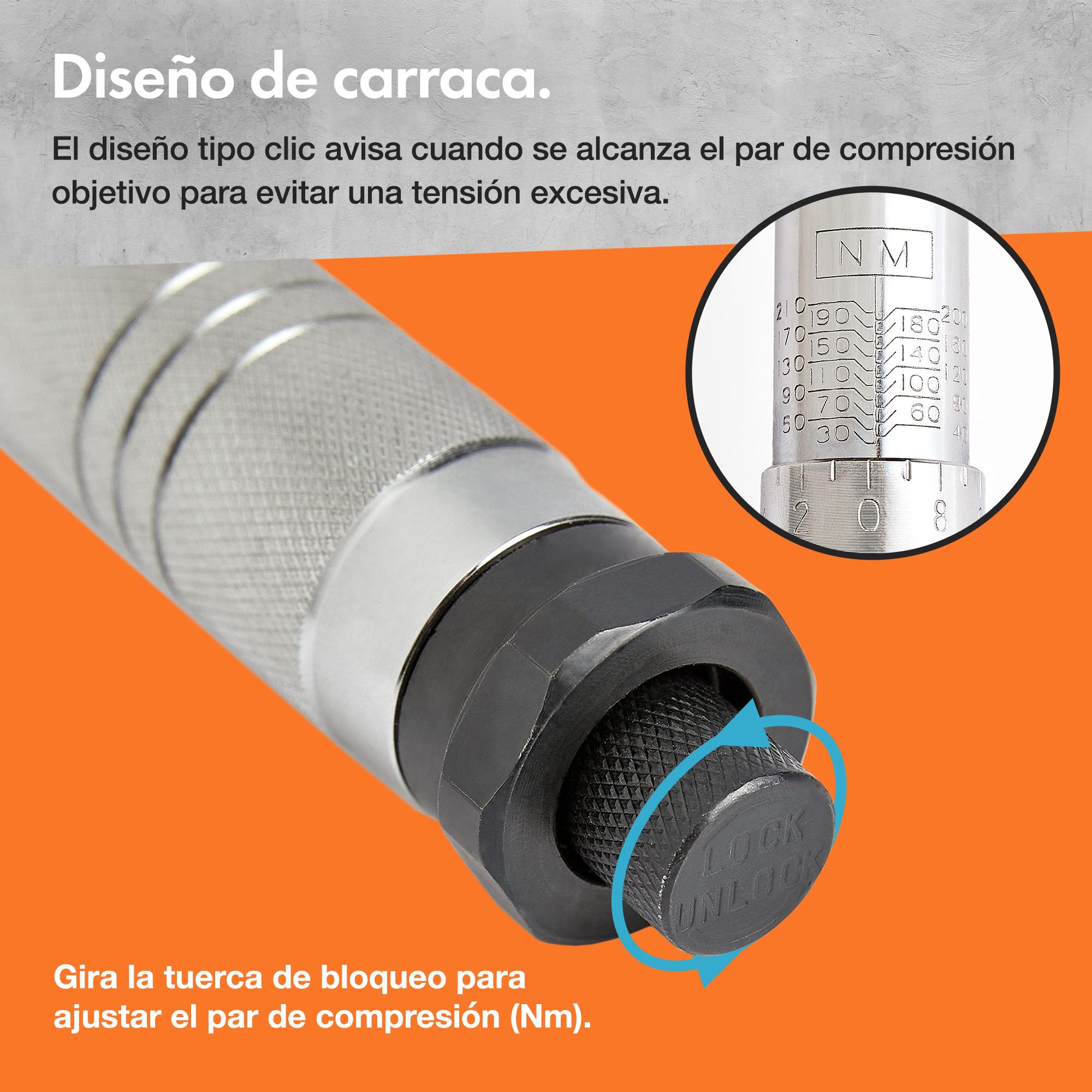 VonHaus Llave Dinamométrica 1/2 – Llave de Carraca 1/2 con Barra de Conversión 3/8 y Barra Extensora – Destornillador de Torque para Coche, Bicis y Reparaciones en General – Trinquete 1/2, 30-210 Nm