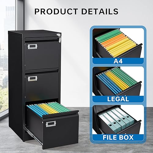 Miniatura 5 de BYNSOE Archivador de 3 cajones con cerradura, archivador vertical de metal para oficina y hogar, archivador estrecho para tamaño A4 legalcarta,