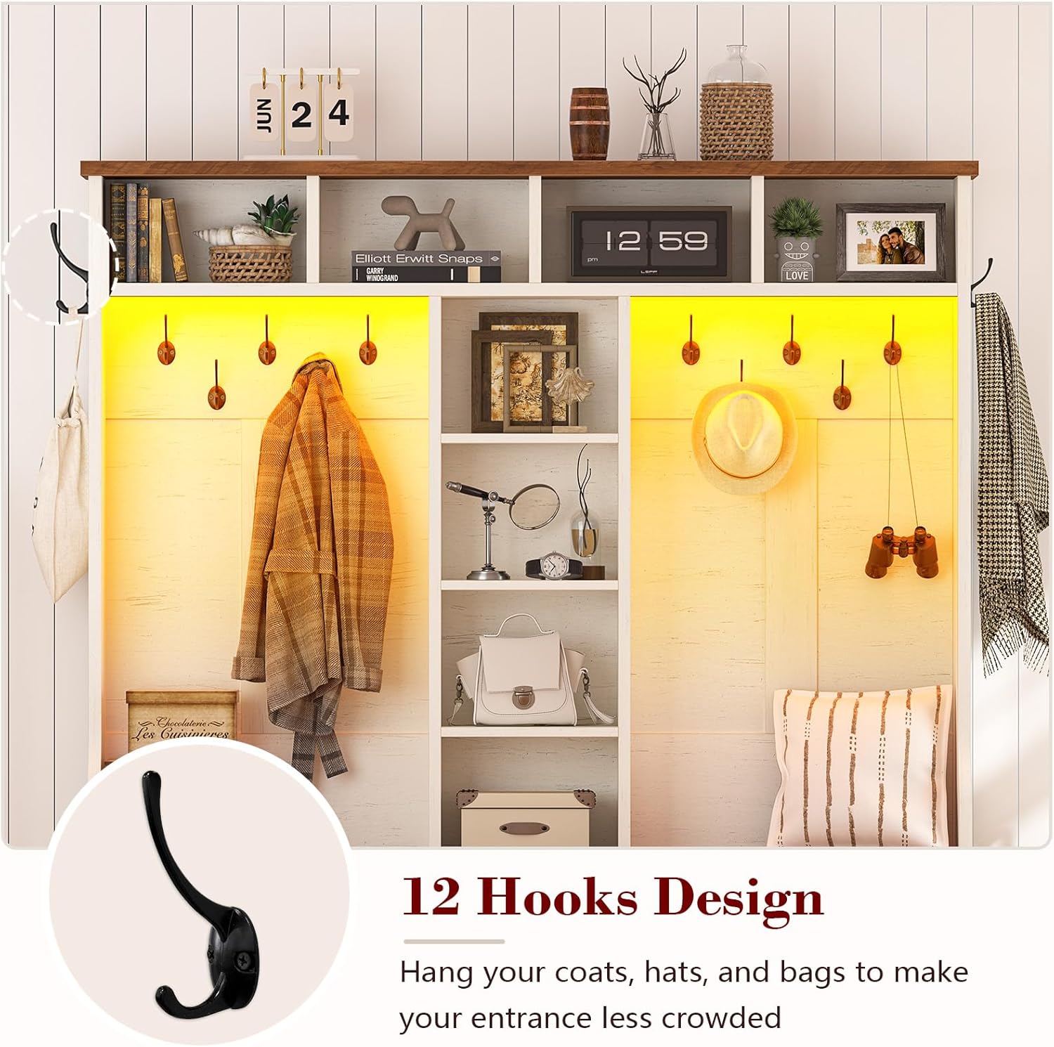 CSZZD Hall Tree with Bench and Shoe Storage, Farmhouse Entryway Bench with Coat Racks and Led Lights, Large Hall Tree with 12 Coat Hooks, 8 Storage Cubbies, Adjustable Shelf