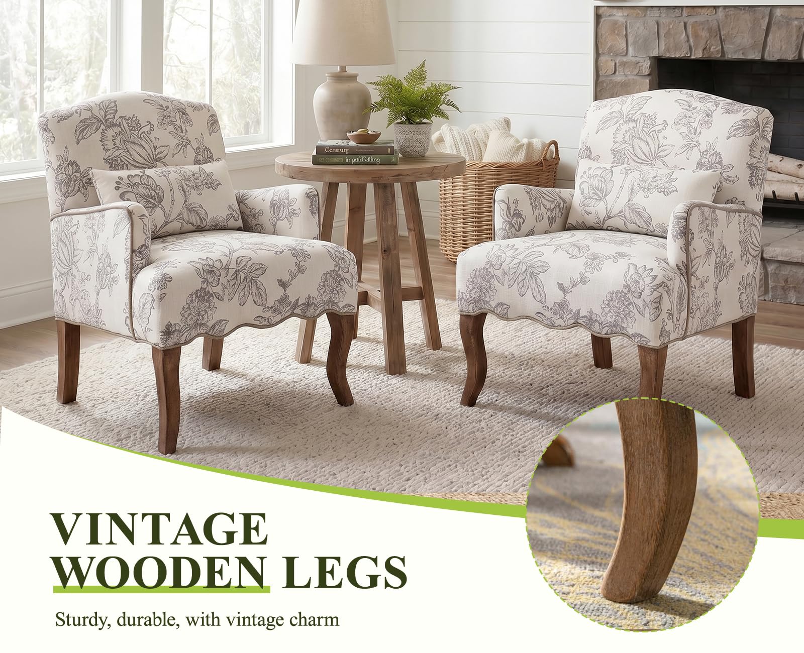 Ya-Home Vintage Sessel mit Armlehne, Polstersessel mit Holzbeinen & Blumenmuster Einzelsofa Akzentstuhl mit Kissen für Wohnzimmer/Schlafzimmer,Beige