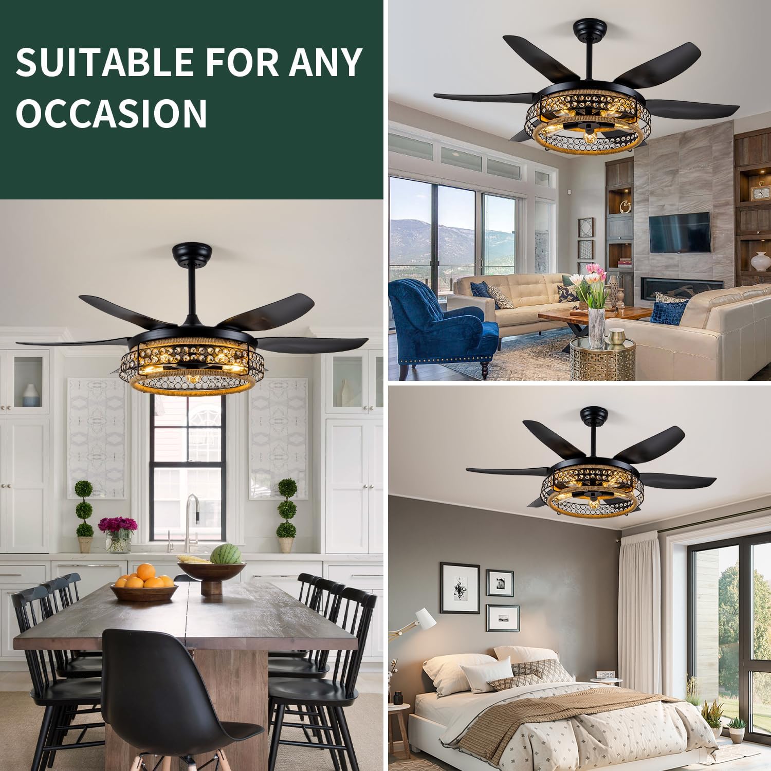 51 Inch Ceiling Fans with Lights and Remote, Farmohouse Fandelier Caged Ceiling Fan with Light, 6 Speed, Reversible, Black Industrial Ceiling Fan Lights for Bedroom, Kitchen, Living Room