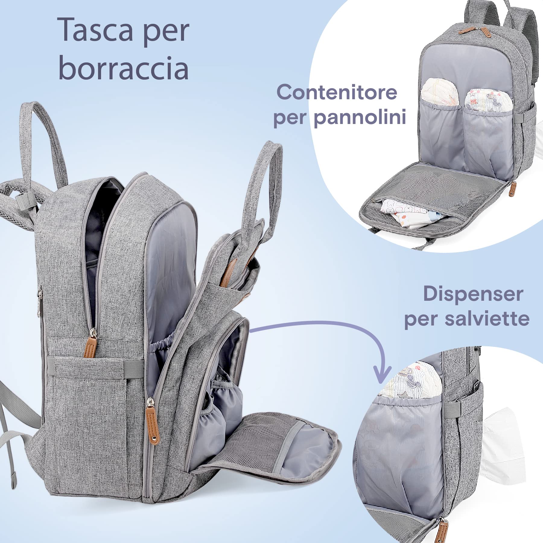 RUVALINO Zaino Fasciatoio per Mamma e Neonato Borsa Fasciatoio per Pannolini, Grande Borsa Maternità con 16 Scomparti, Include Fasciatoio Portatile, Tasca Termica per Biberon