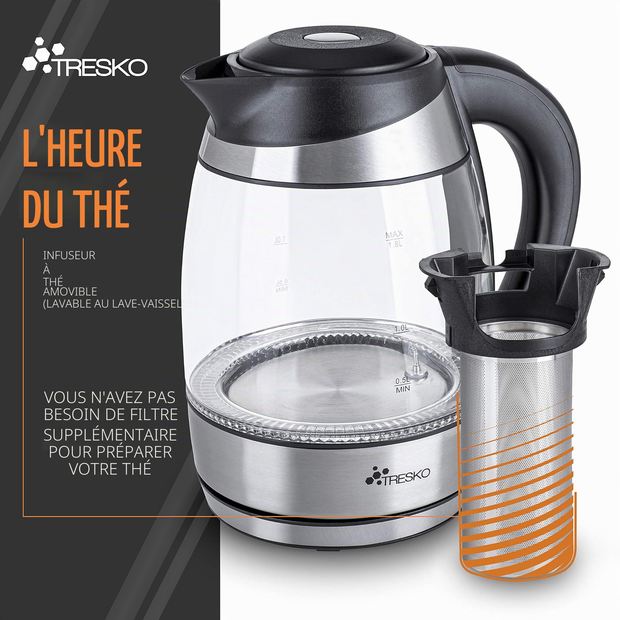 TRESKO Bouilloire électrique en cristal 1.8 L avec infuseur à thé et filtre à eau | Illumination LED | 2200W | Température réglable | Fonction de Maintien au Chaud