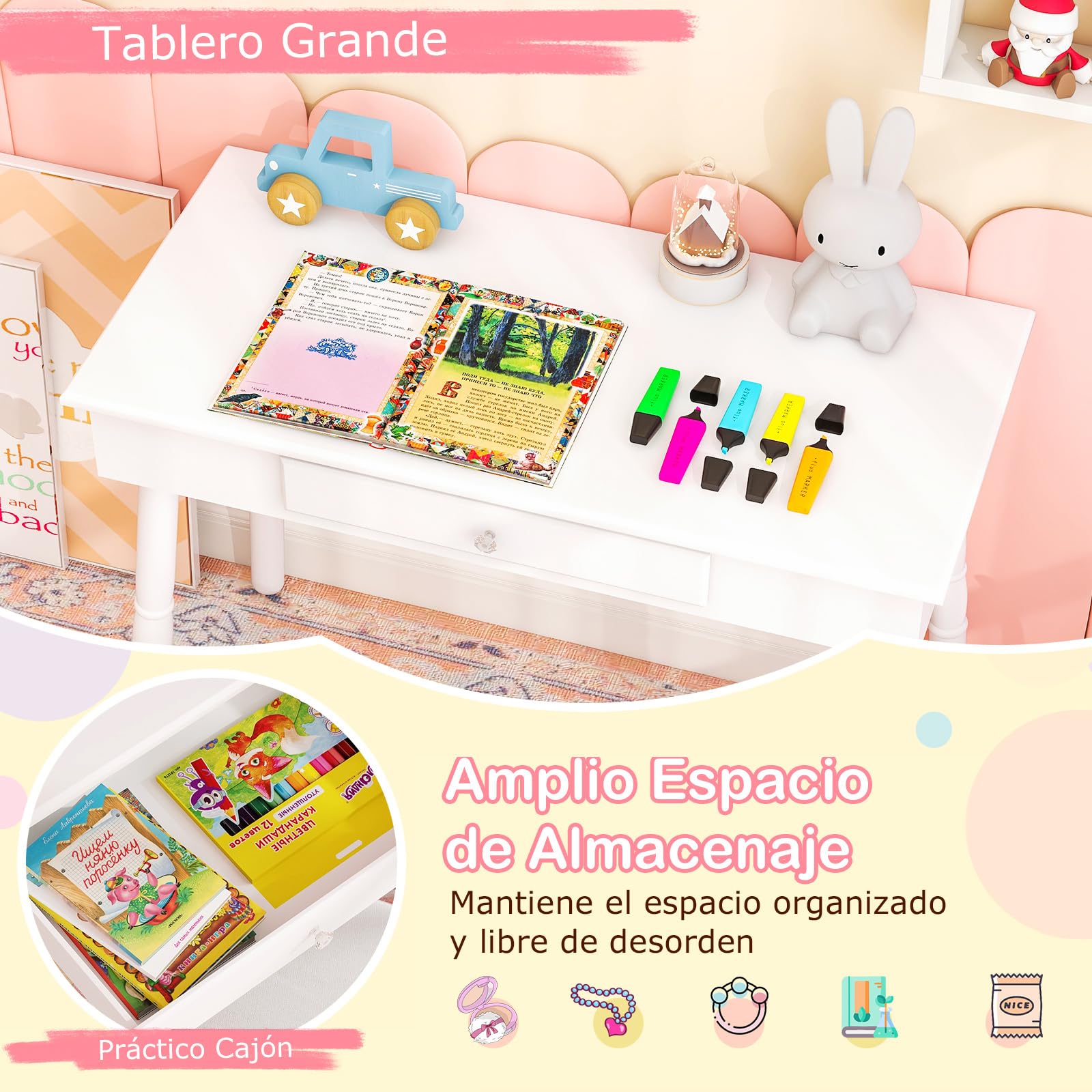 COSTWAY Tocador de Maquillaje con Taburete y Espejo para Niña, Escritorio Madera 2 en 1 con Cajón, Infantil +3 Años, 70x34x101 cm (Blanco)