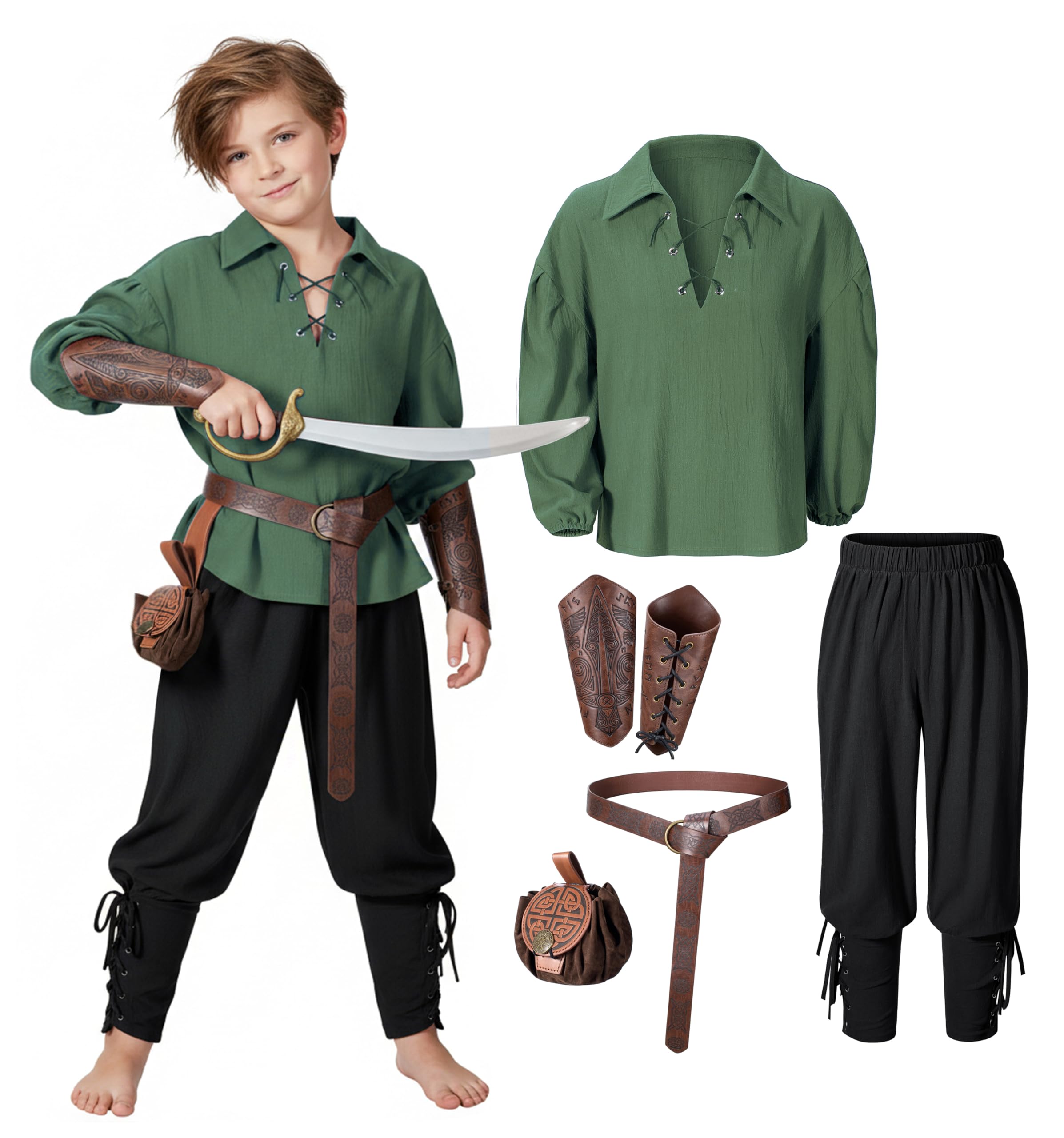 Kids Medieval Viking Pirate Renaissance Tunic Pants Accessories Costume for Boys Cosplay 3-14 Years