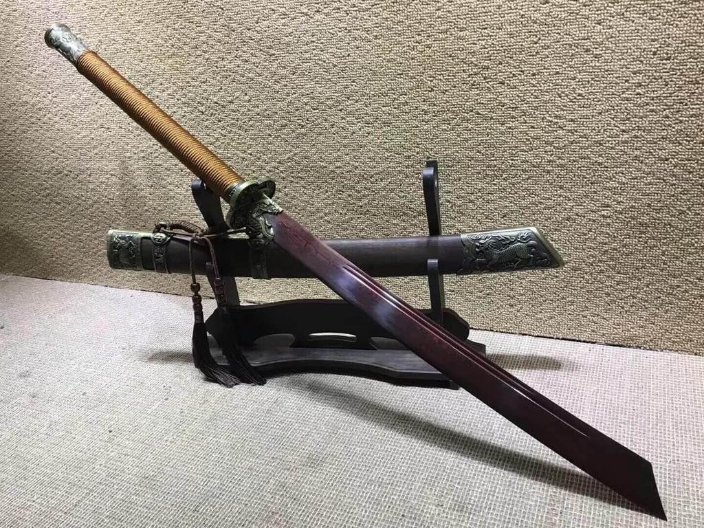 Chinese Swords,Broadsword,Kangxi dao,Damascus Steel red Blade,Alloy Fittings,Rosewood Scabbard