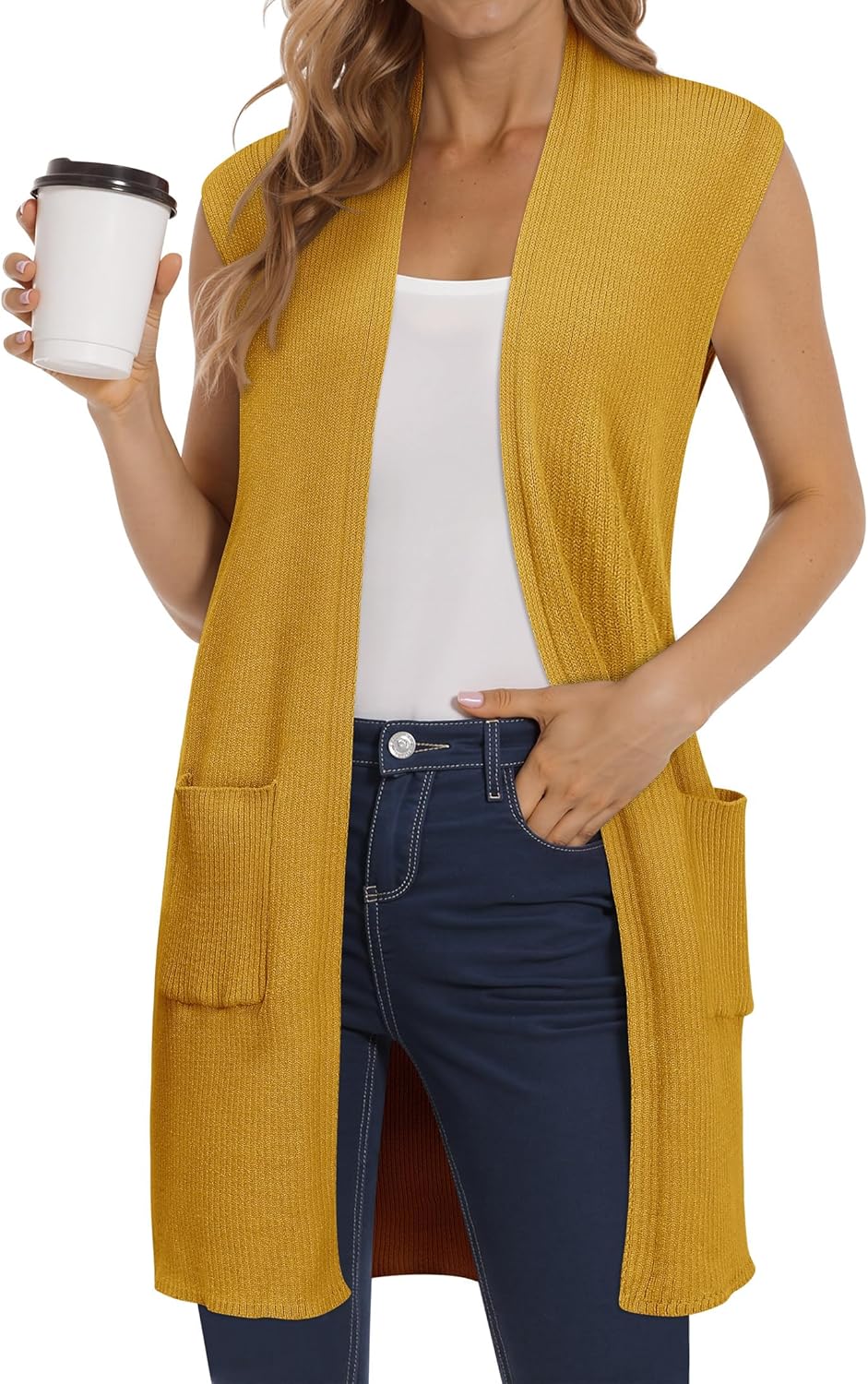 ZXZY Long Vest for Women Sleeveless Knit Cardigan Open Front Draped Sweater Duster Casual Lightweight Outwear Vests - Image 2