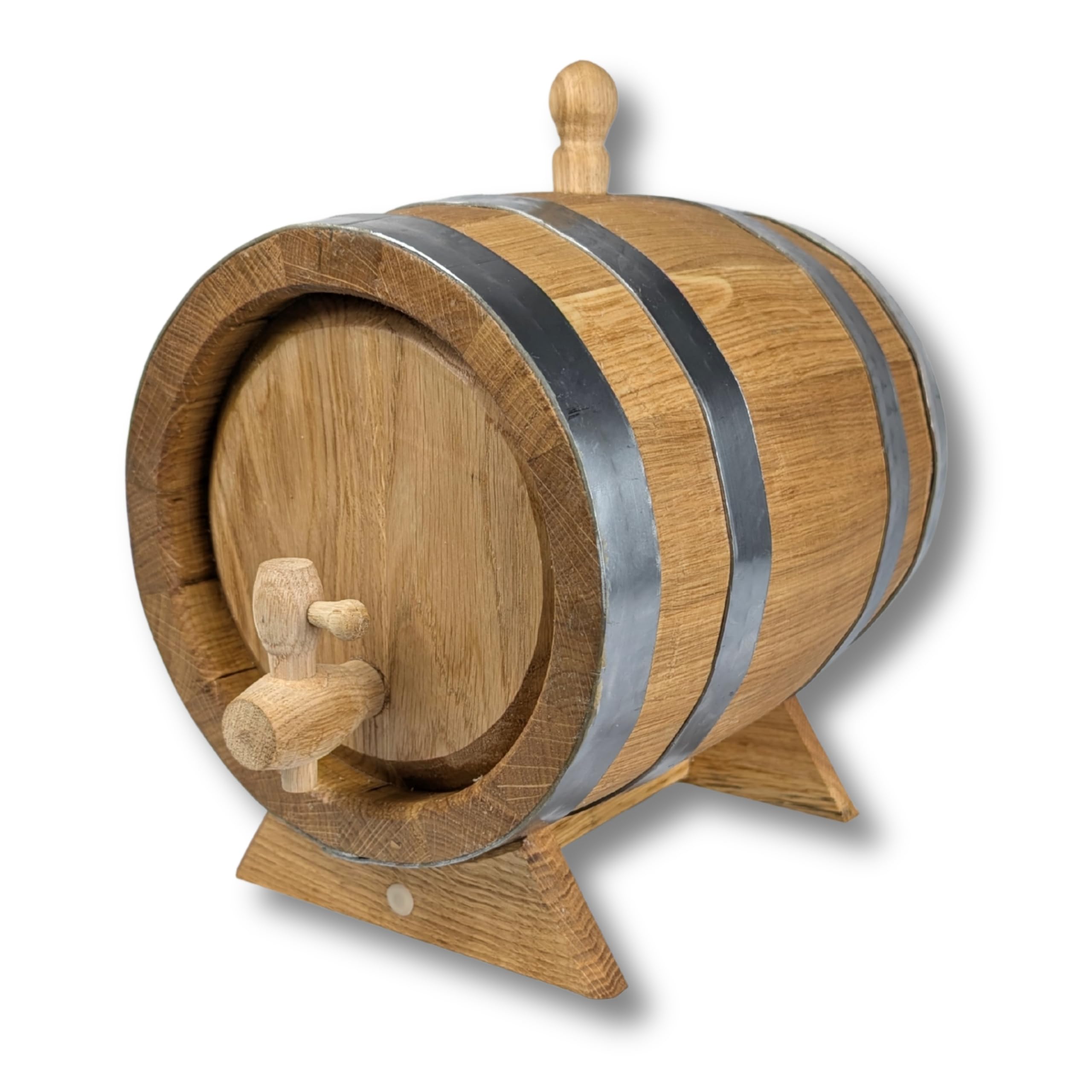 Eichenholzfass Holzfass 5 Liter mit Holzhahn, Bock & Stopfen | Fass für Whisky, Schnaps, Wein & Rum | Traditionelle | Innen geflammt & außen gewachst | Edelstahlreifen