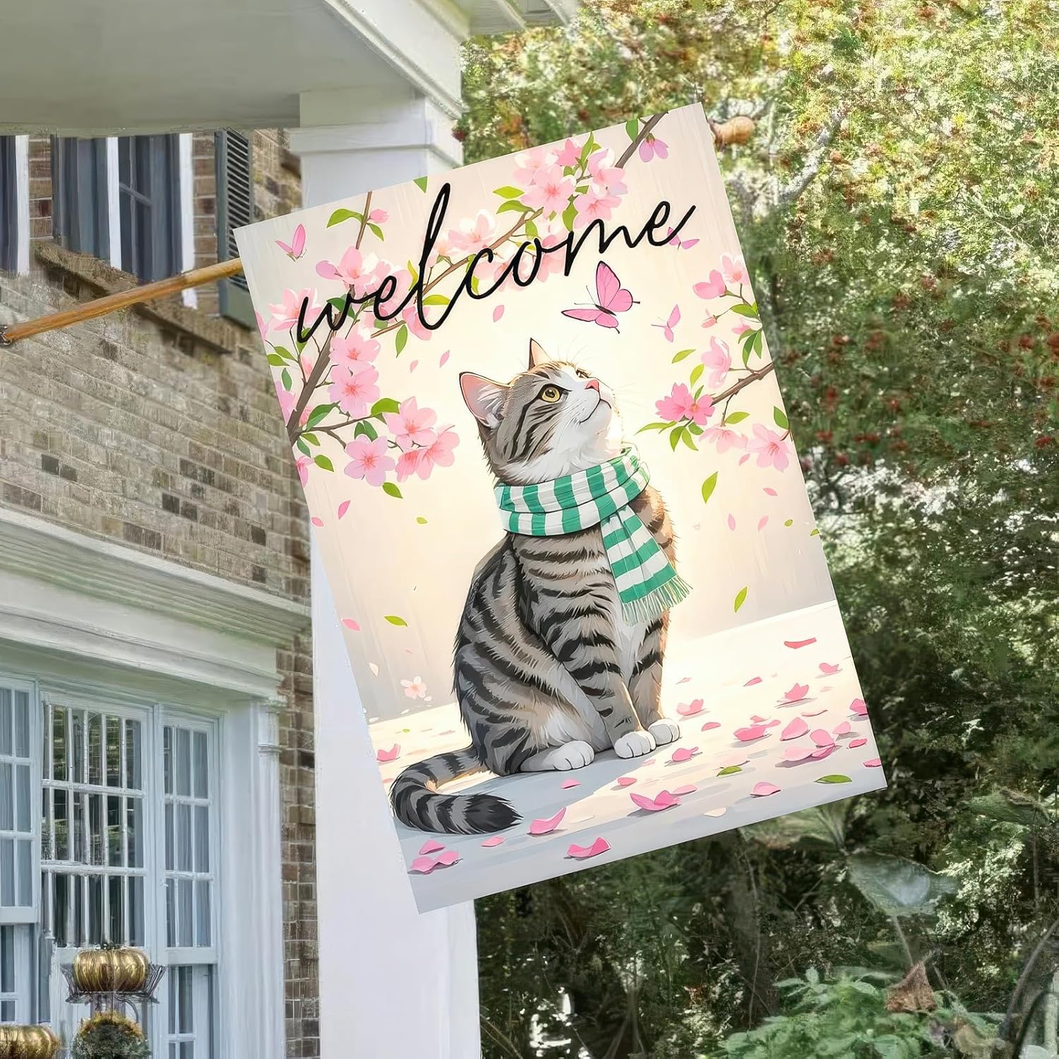 Welcome Spring Garden Flag 12x18 Inch Double Sided Cat Cherry Blossoms Seasonal Small Flags For Outside Outdoor Decor Yard Farmhouse Holiday Spring Summer Decorations Yard Flags - Image 6