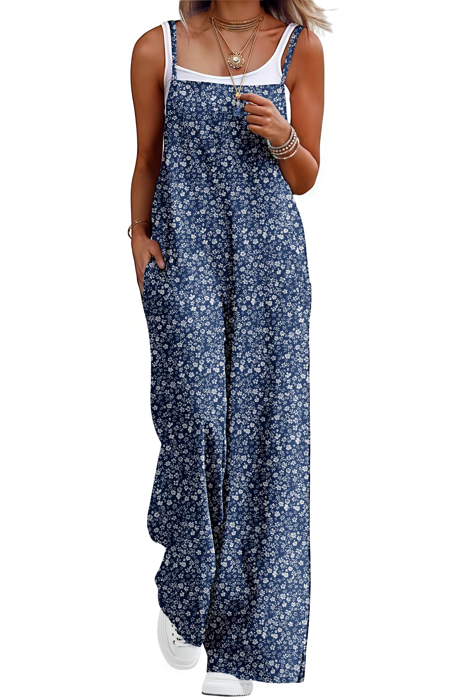 Lepunuo Womens Casual Loose Jumpsuits Summer Boho Wide Leg Rompers Sleeveless Overalls with Pockets